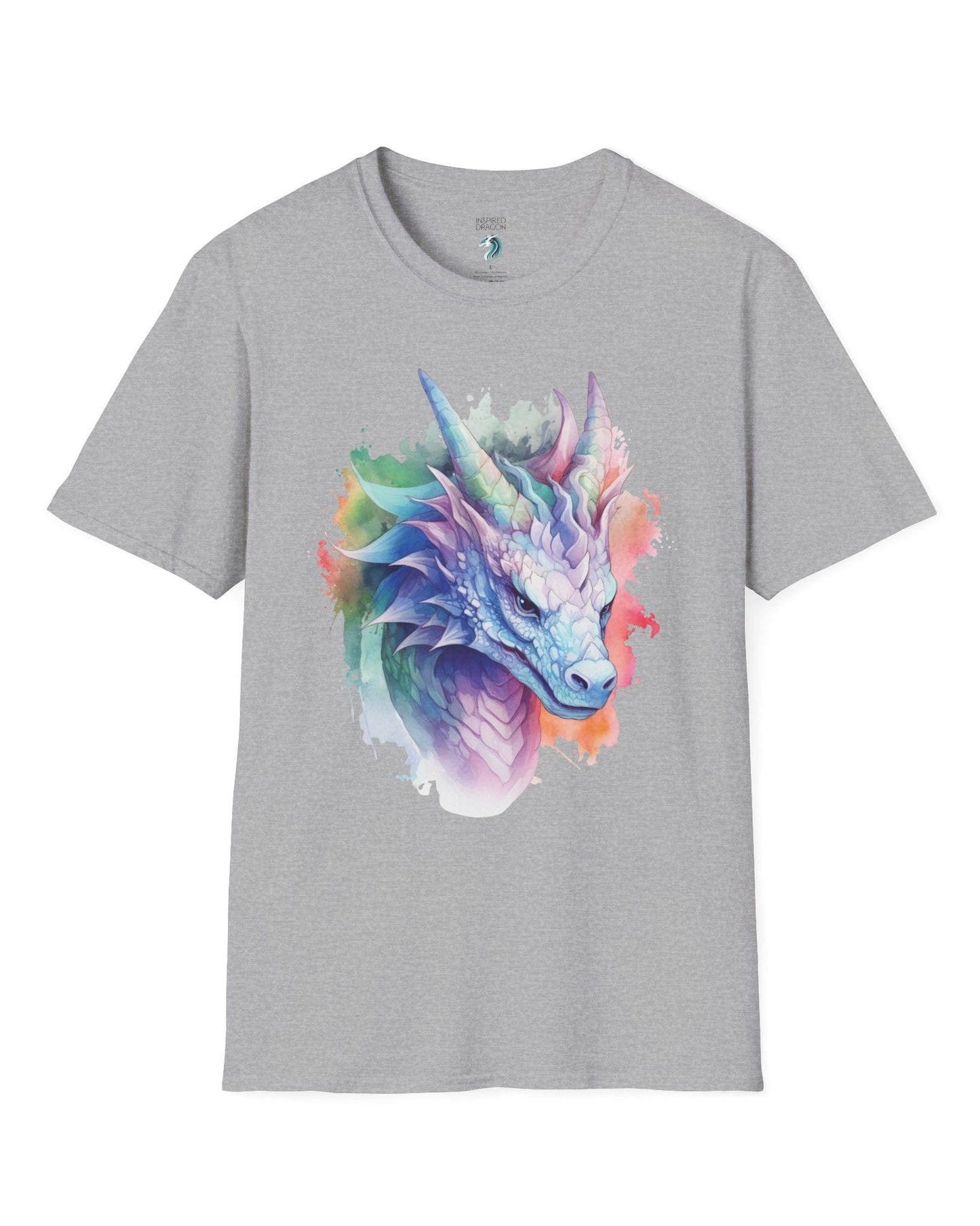 Opalescent Mirage shirt in sport grey featuring a pastel dragon portrait in a watercolor style with iridescent hues.