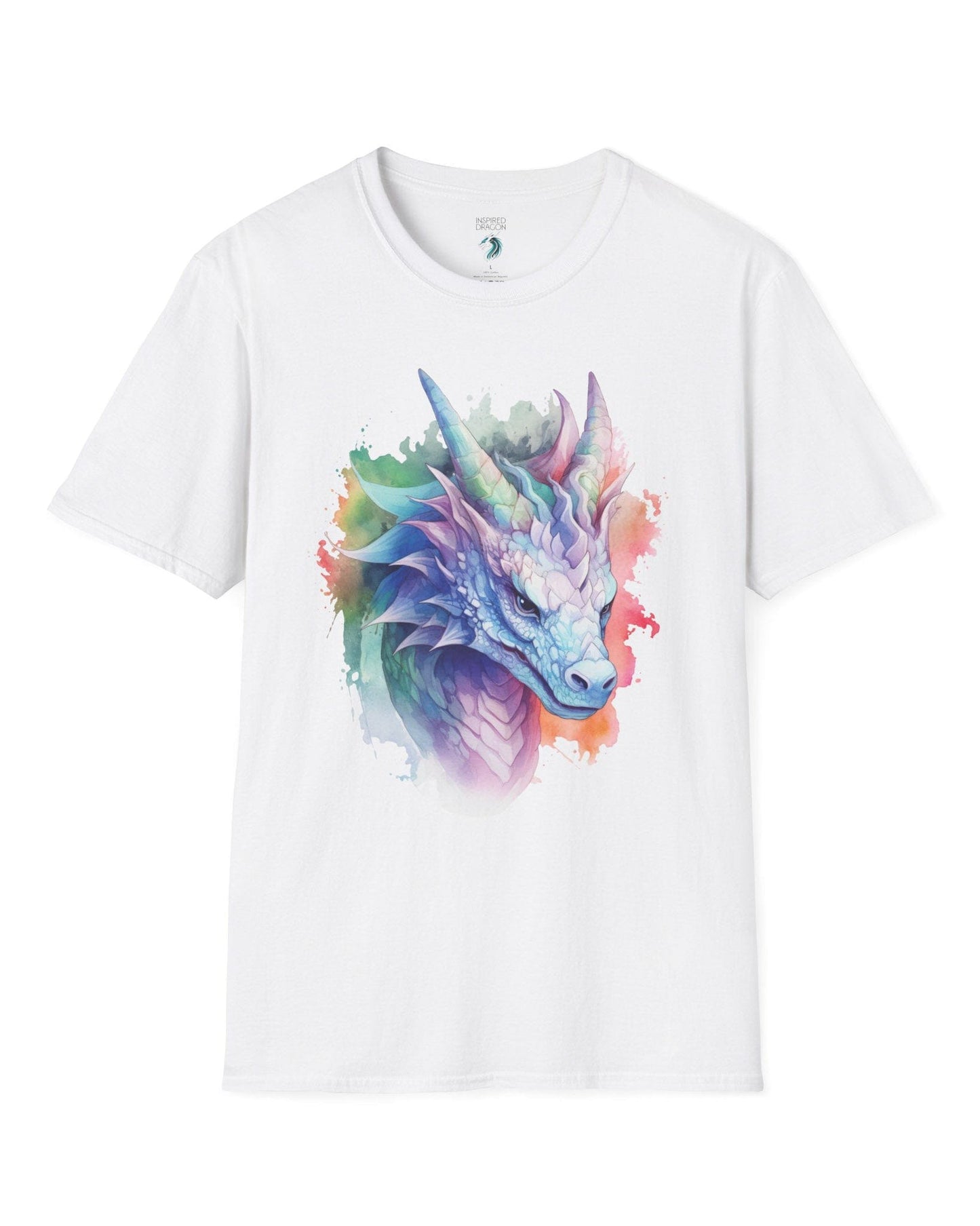 Opalescent Mirage shirt in white featuring a pastel dragon portrait in a watercolor style with iridescent hues.