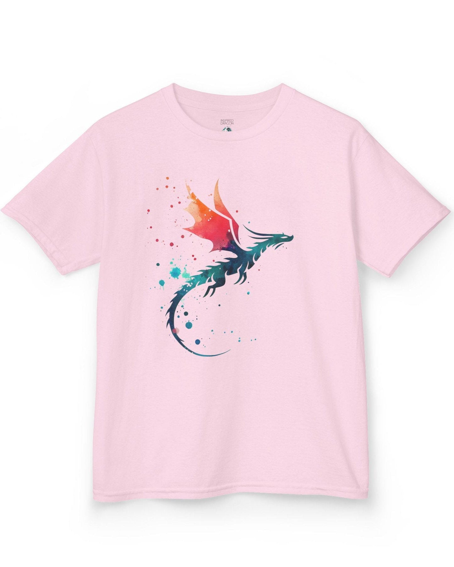 Twilight Whisper shirt in light pink featuring a stylized dragon silhouette with watercolor splashes in blue and orange.