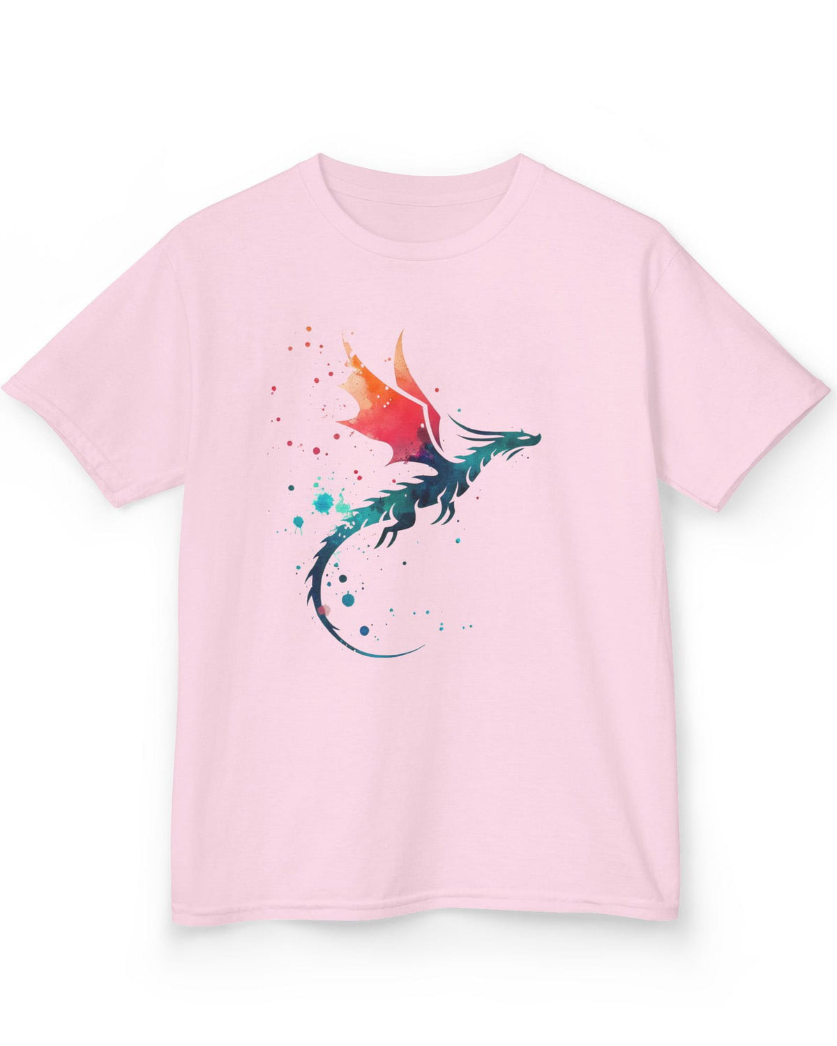 Twilight Whisper shirt in light pink featuring a stylized dragon silhouette with watercolor splashes in blue and orange