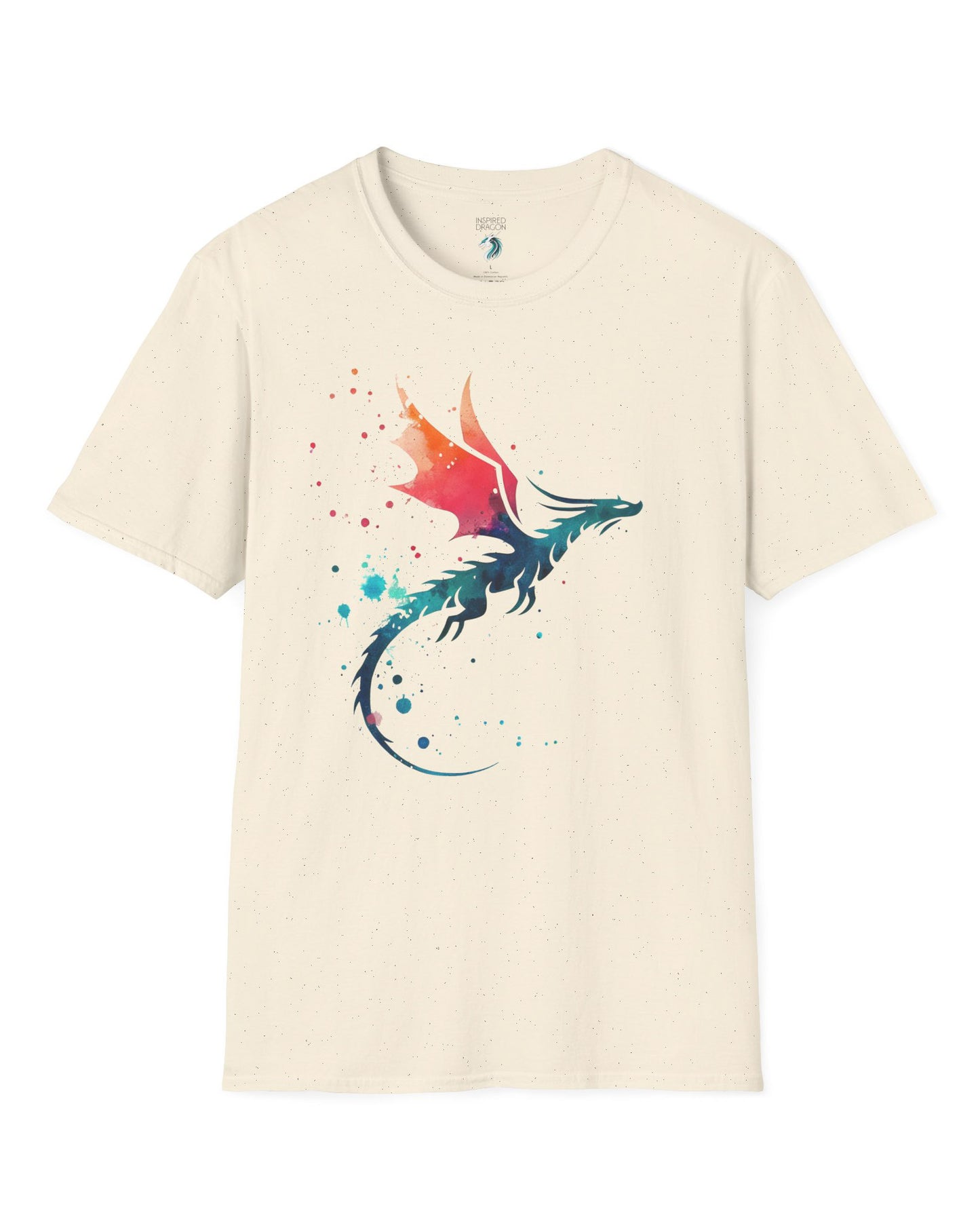 Twilight Whisper shirt in natural featuring a stylized dragon silhouette with watercolor splashes in blue and orange.