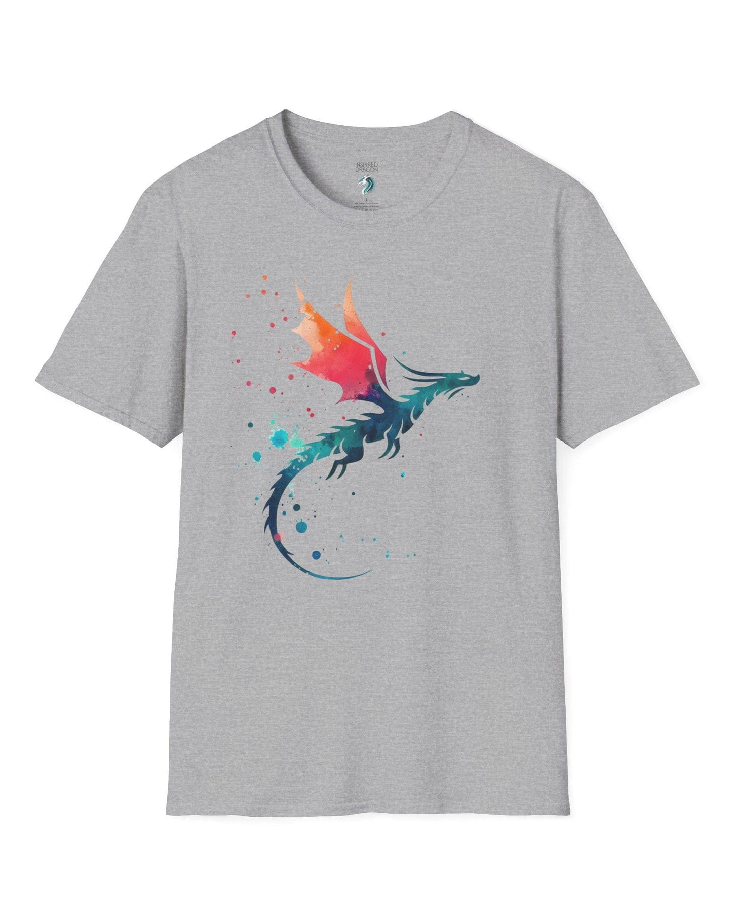 Twilight Whisper shirt in sport grey featuring a stylized dragon silhouette with watercolor splashes in blue and orange.