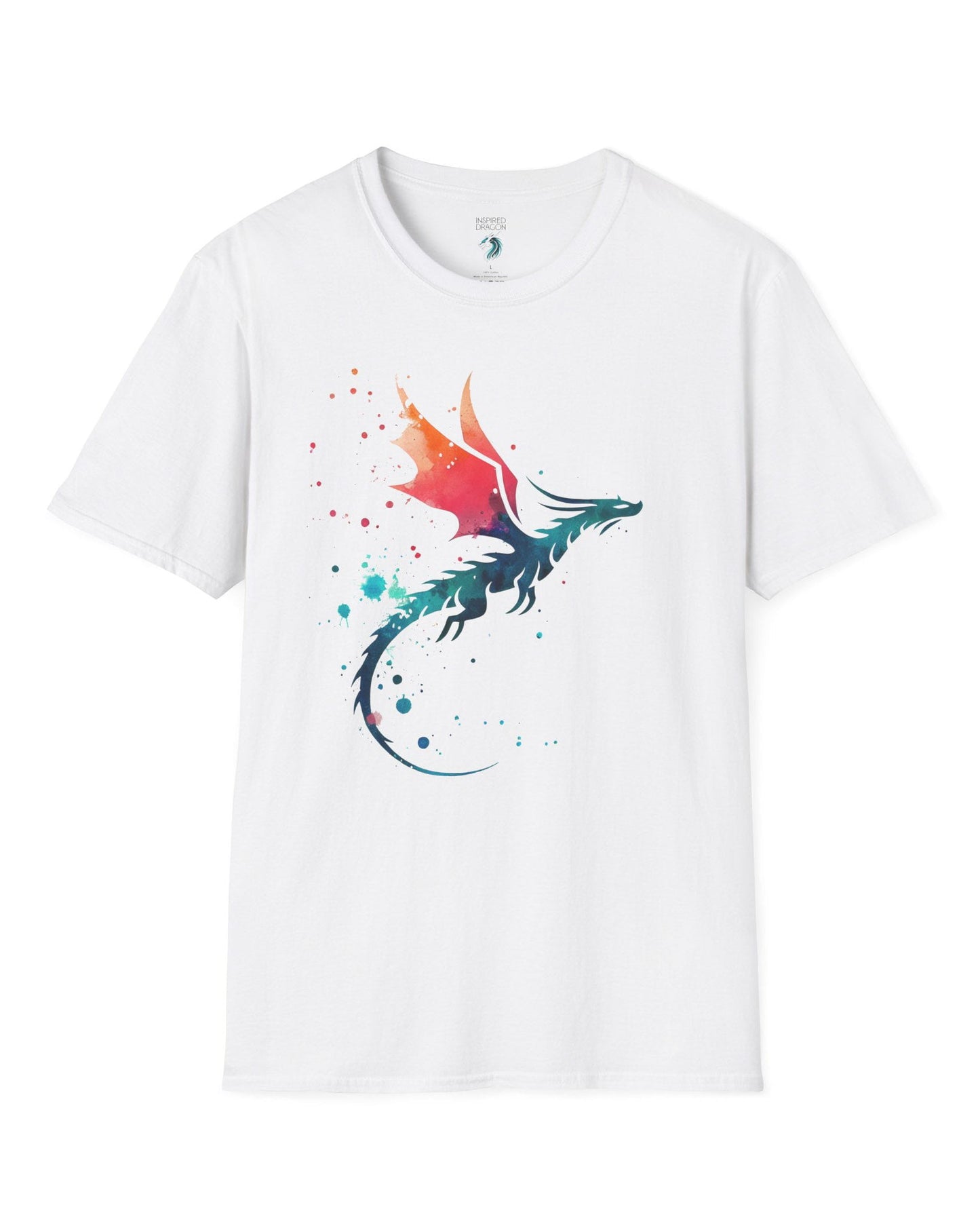 Twilight Whisper shirt in white featuring a stylized dragon silhouette with watercolor splashes in blue and orange.