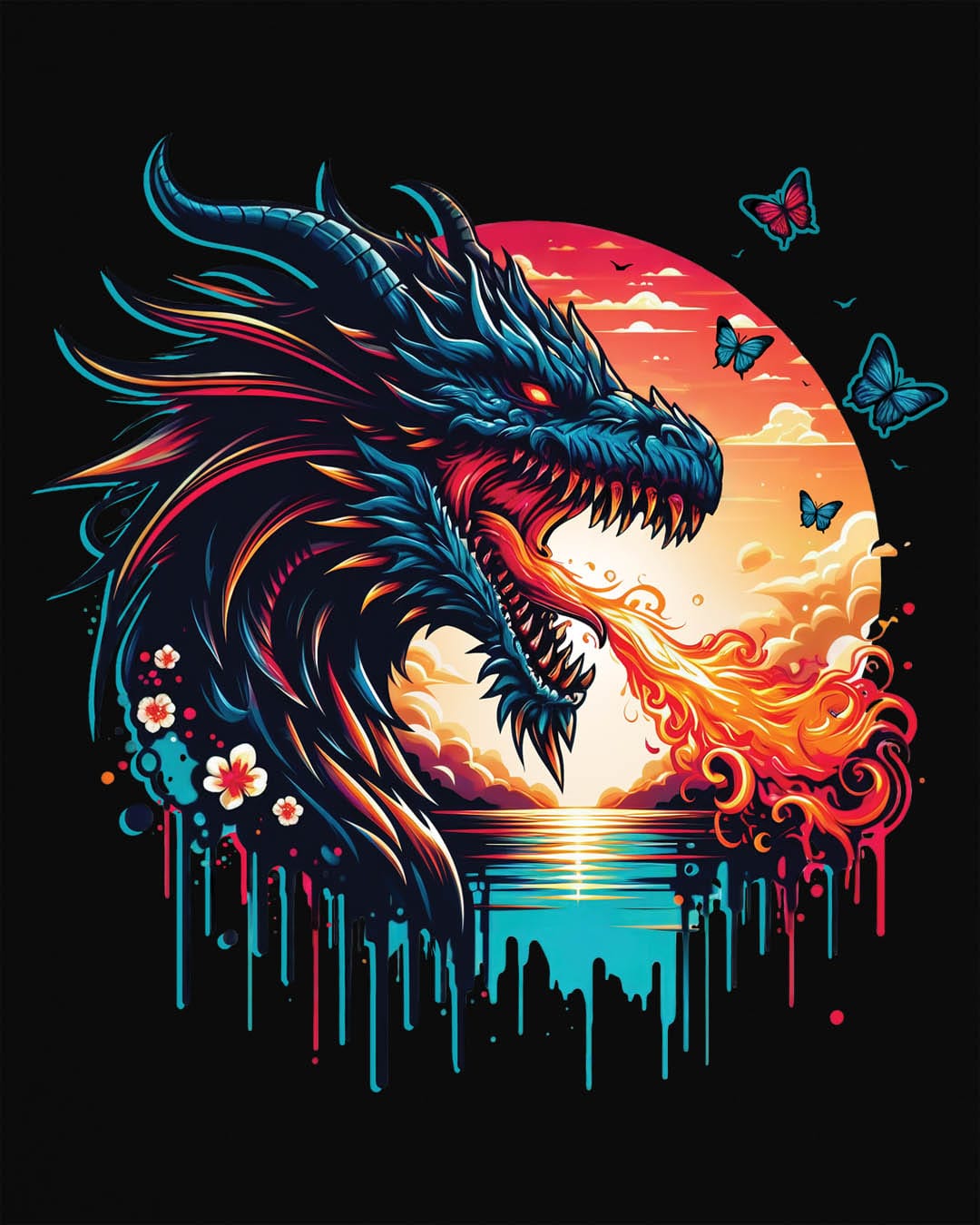 Sunset Inferno shirt in black featuring a fire-breathing dragon against a vibrant sunset with floral accents.