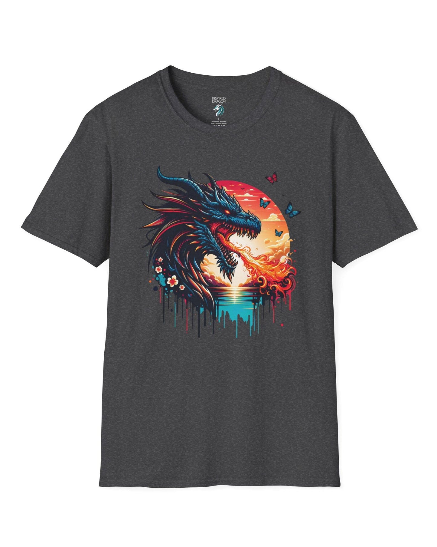 Sunset Inferno shirt in dark heather grey featuring a fire-breathing dragon against a vibrant sunset with floral accents.
