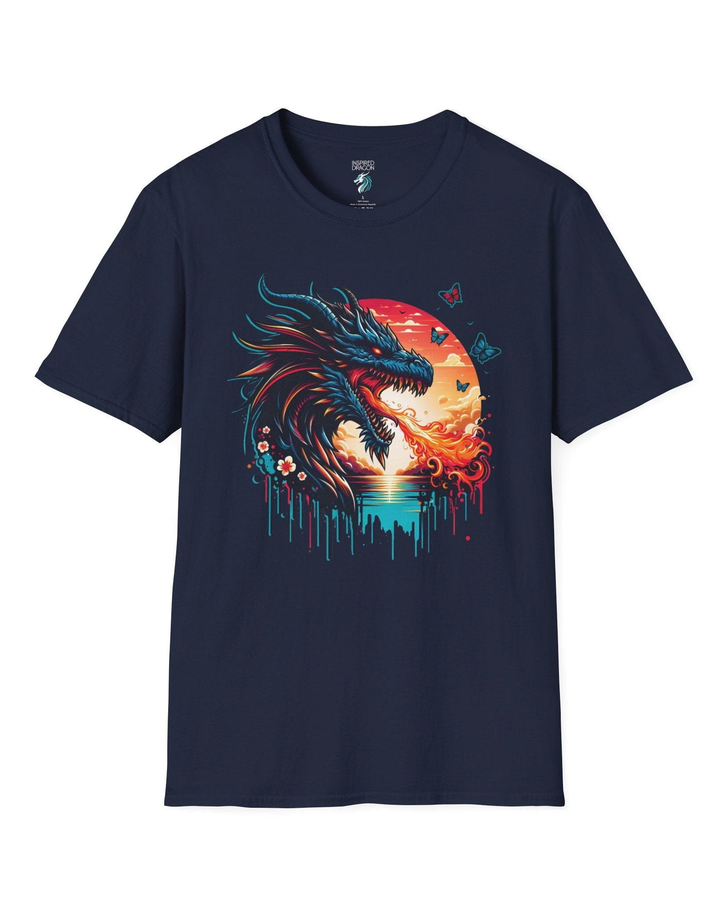 Sunset Inferno shirt in navy featuring a fire-breathing dragon against a vibrant sunset with floral accents.