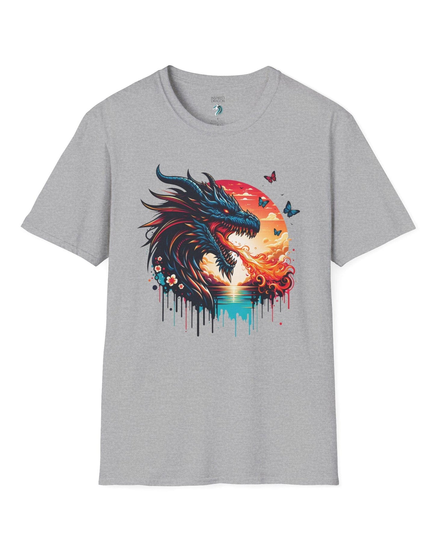 Sunset Inferno shirt in sport grey featuring a fire-breathing dragon against a vibrant sunset with floral accents.