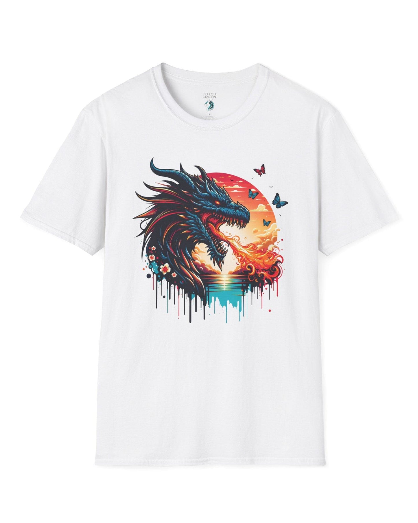 Sunset Inferno shirt in white featuring a fire-breathing dragon against a vibrant sunset with floral accents.