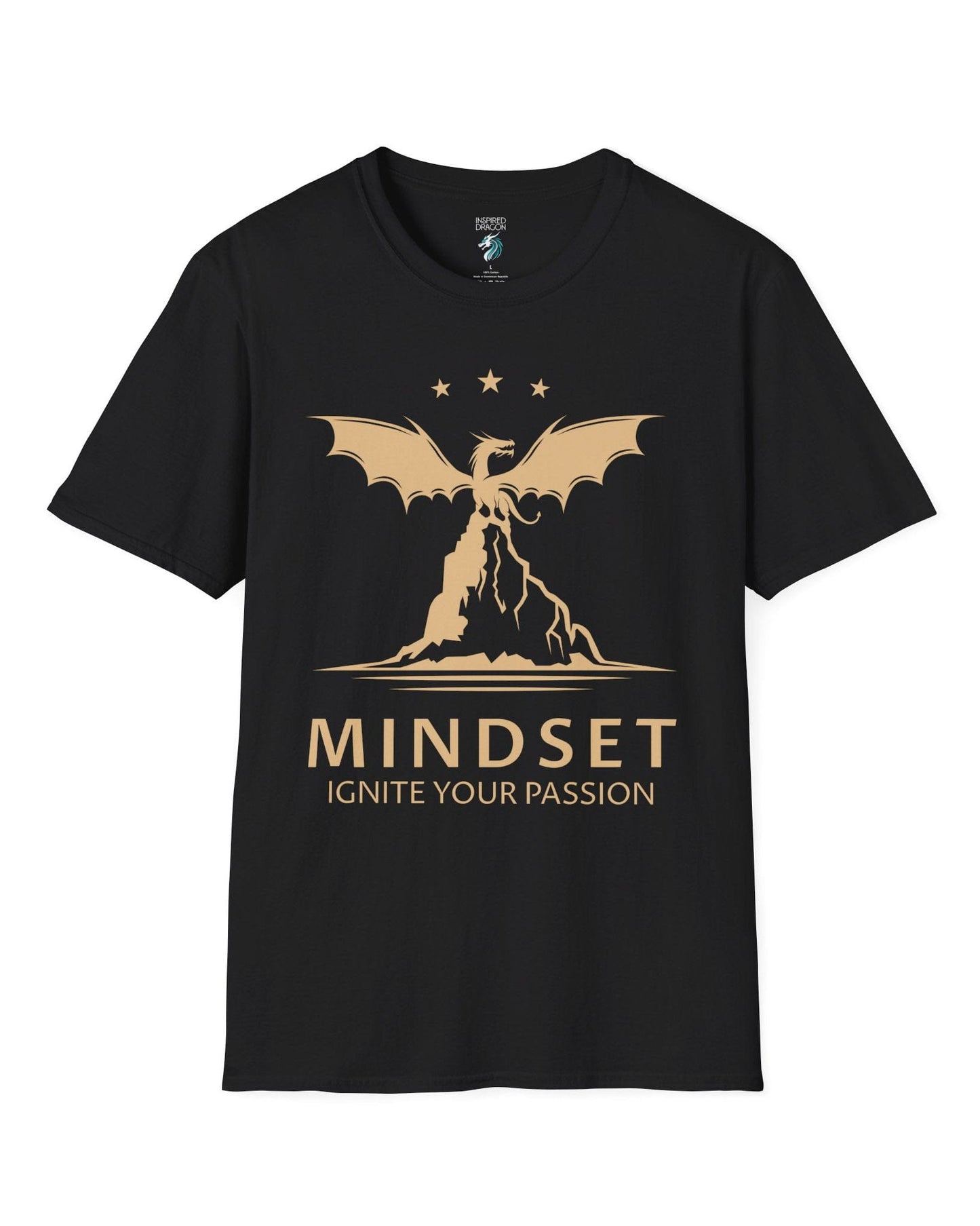 Ignite Your Passion shirt in black featuring a dragon atop a mountain with stars and motivational text below.
