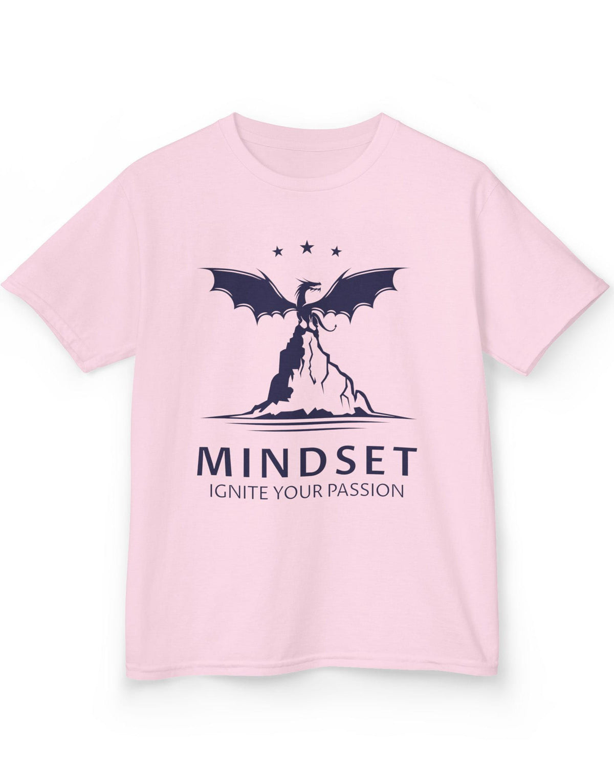 Ignite Your Passion shirt in light pink featuring a dragon atop a mountain with stars and motivational text below.