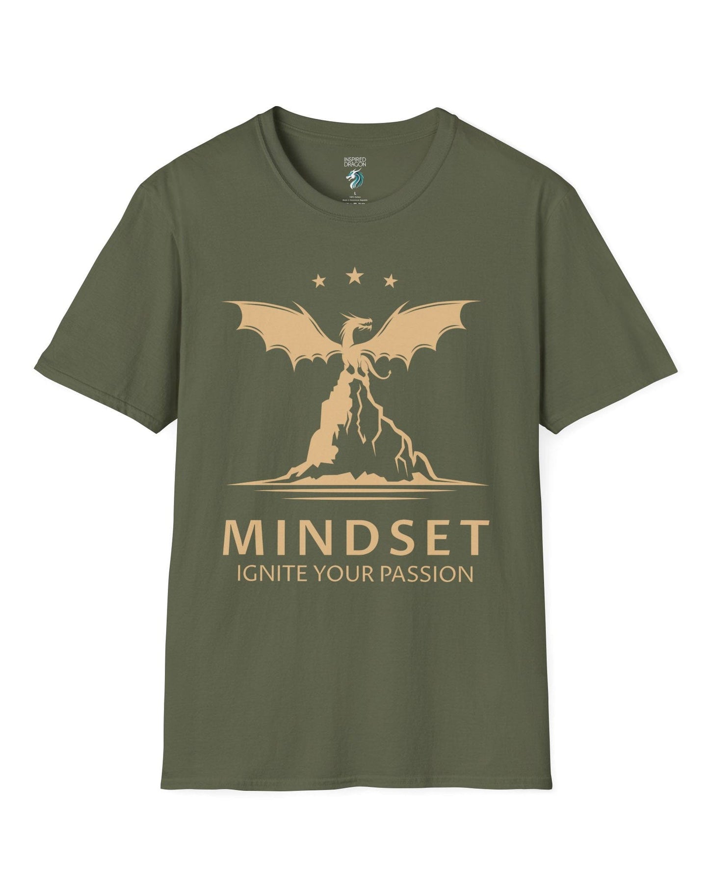Ignite Your Passion shirt in military green featuring a dragon atop a mountain with stars and motivational text below.