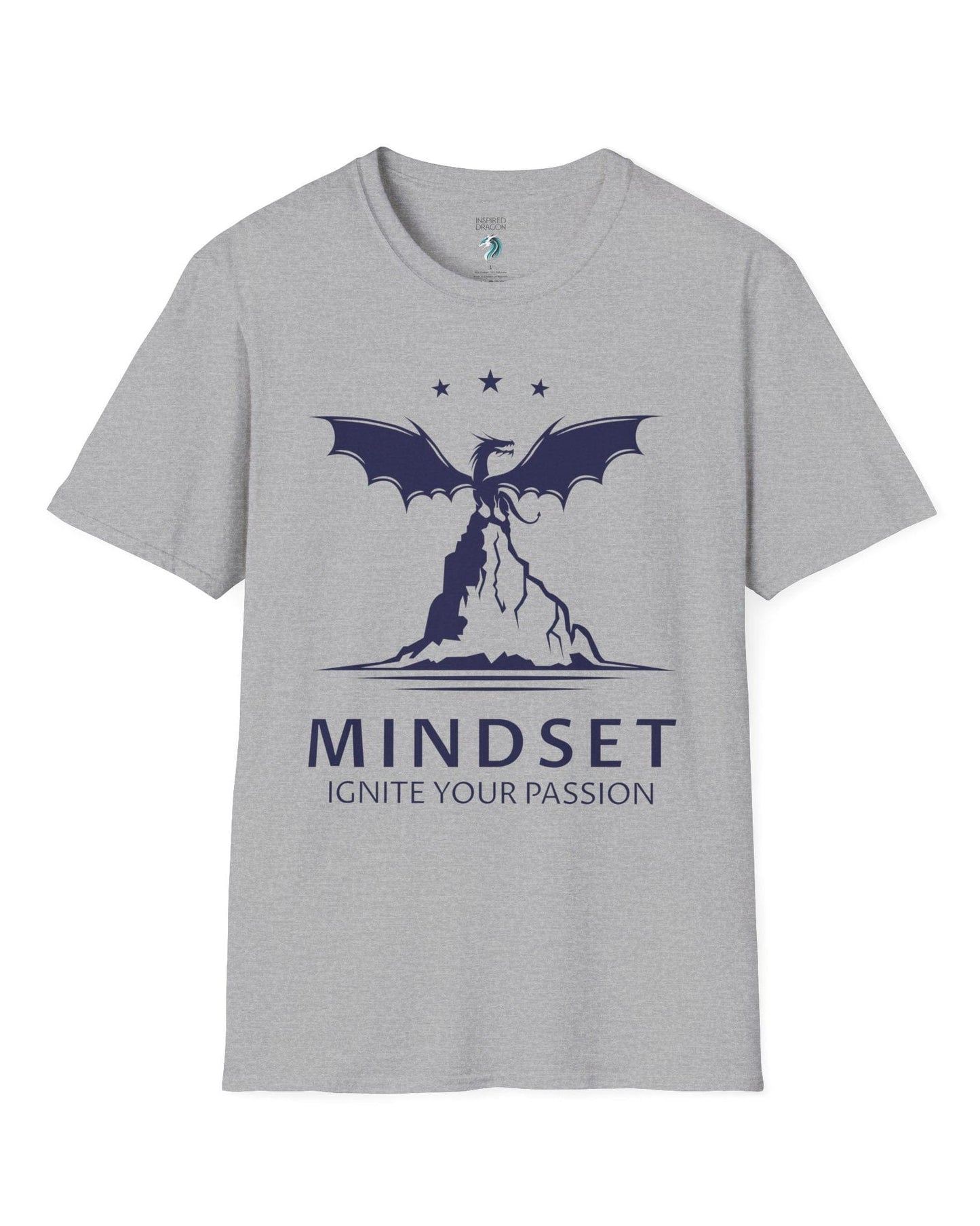 Ignite Your Passion shirt in sport grey featuring a dragon atop a mountain with stars and motivational text below.