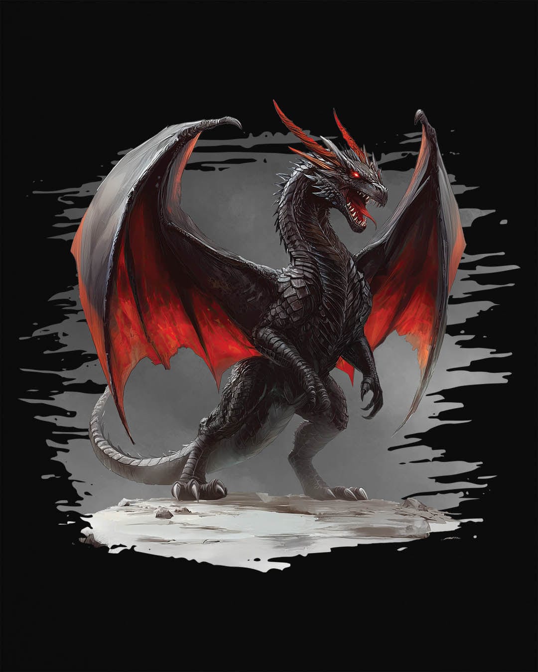 The Obsidian Tyrant shirt in black, featuring a fierce black dragon with glowing red wings and blazing eyes.