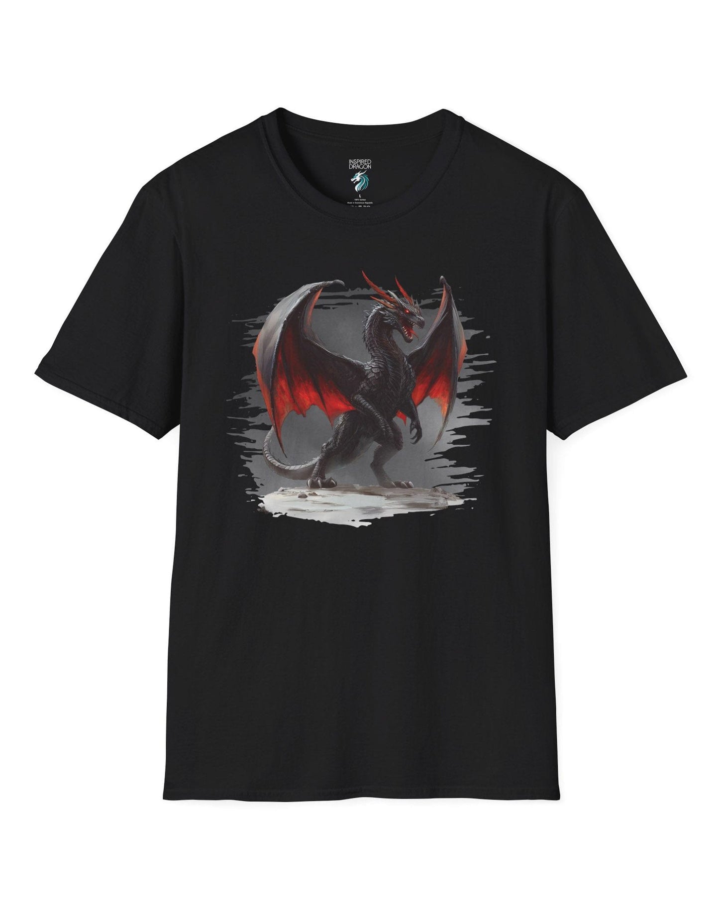 The Obsidian Tyrant shirt in black, featuring a fierce black dragon with glowing red wings and blazing eyes.