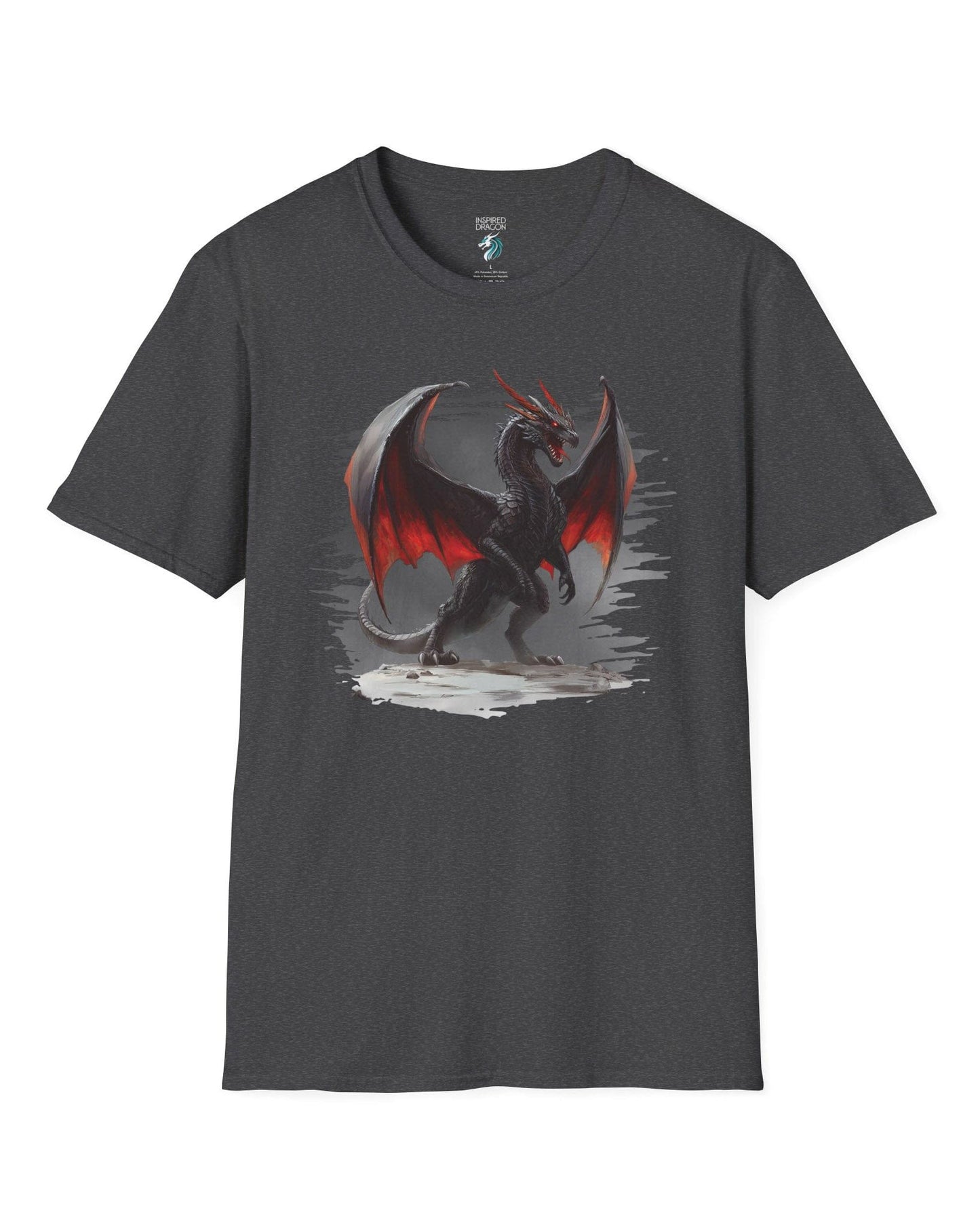The Obsidian Tyrant shirt in dark heather grey, featuring a fierce black dragon with glowing red wings and blazing eyes.