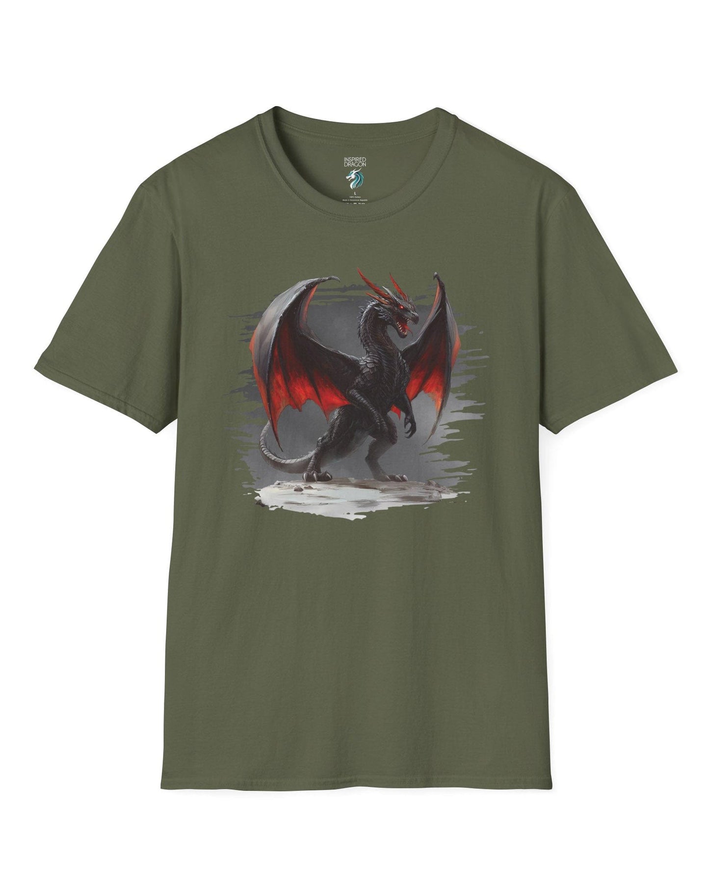 The Obsidian Tyrant shirt in military green, featuring a fierce black dragon with glowing red wings and blazing eyes.