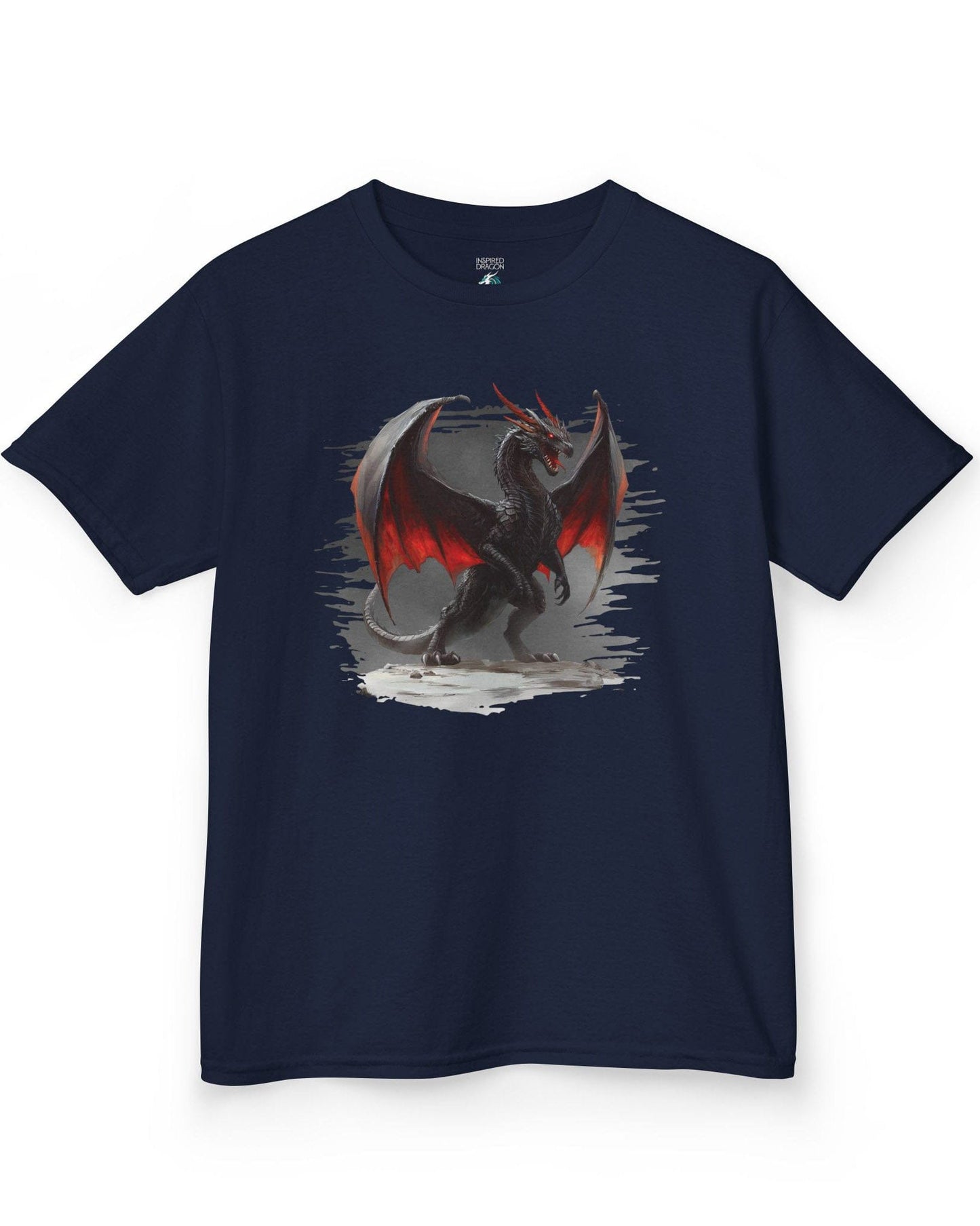 The Obsidian Tyrant shirt in navy, featuring a fierce black dragon with glowing red wings and blazing eyes.