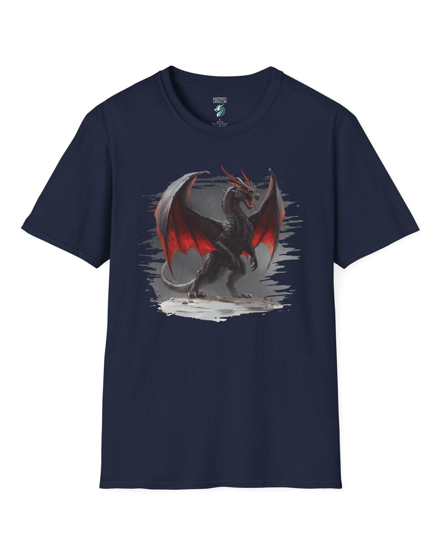 The Obsidian Tyrant shirt in navy, featuring a fierce black dragon with glowing red wings and blazing eyes.