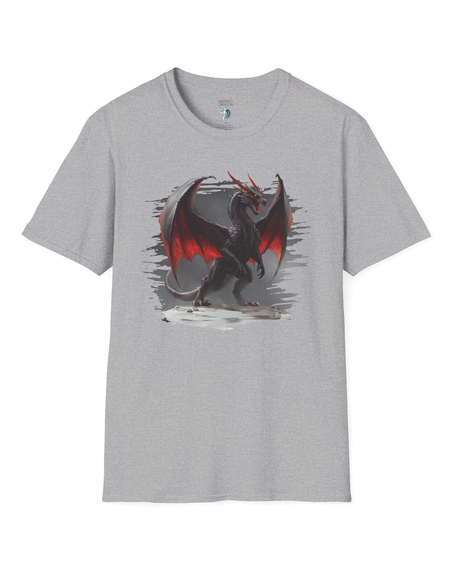 The Obsidian Tyrant shirt in sport grey, featuring a fierce black dragon with glowing red wings and blazing eyes.