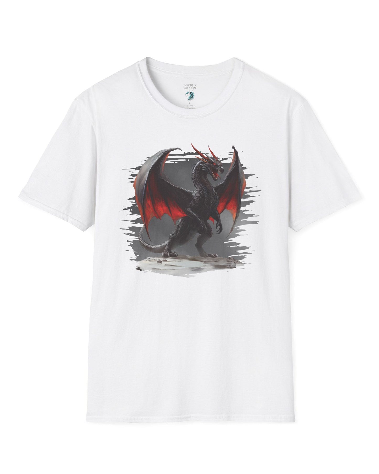The Obsidian Tyrant shirt in white, featuring a fierce black dragon with glowing red wings and blazing eyes.
