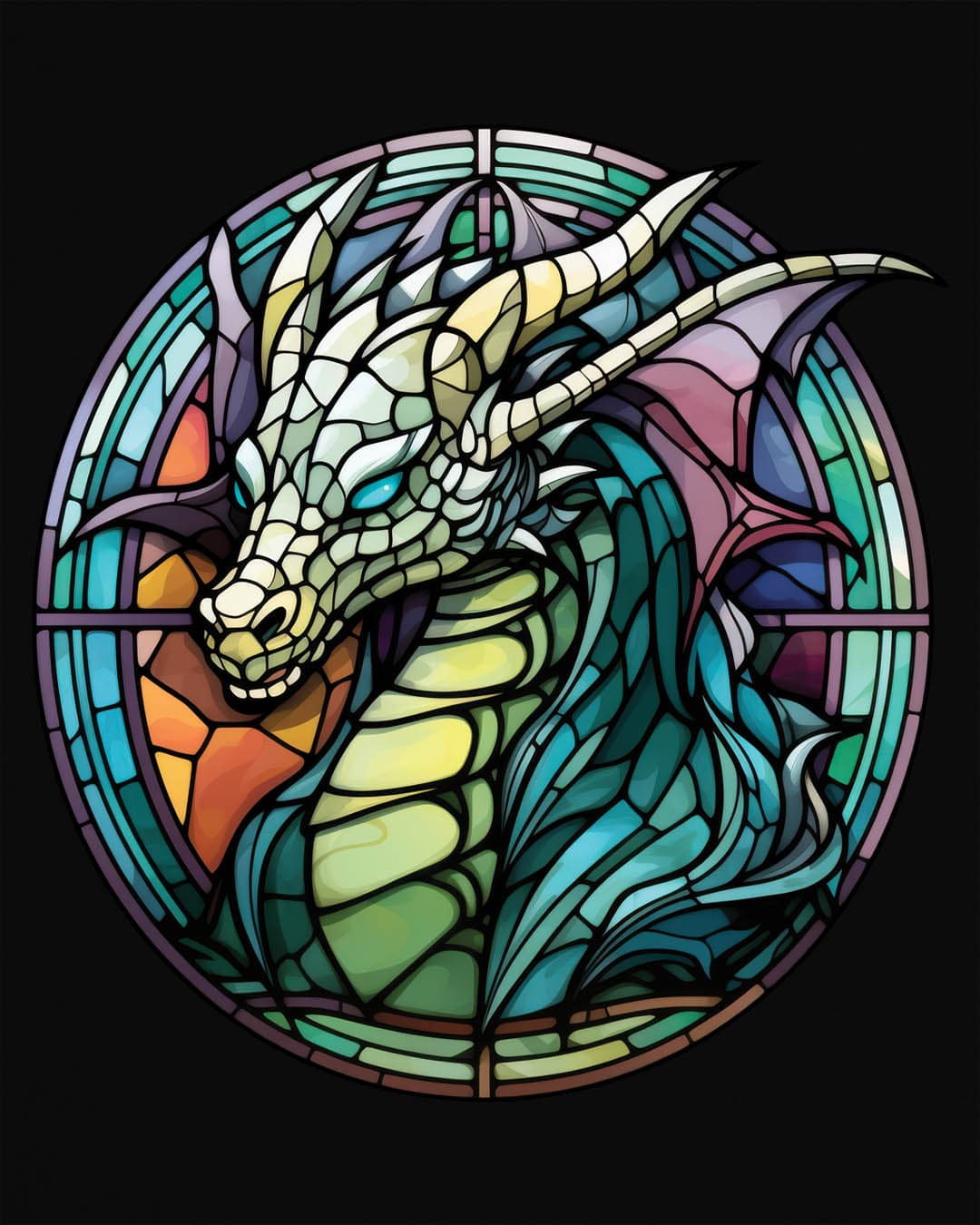 Scaled Luminance shirt in black featuring a dragon in a stained-glass style with turquoise and violet tones.