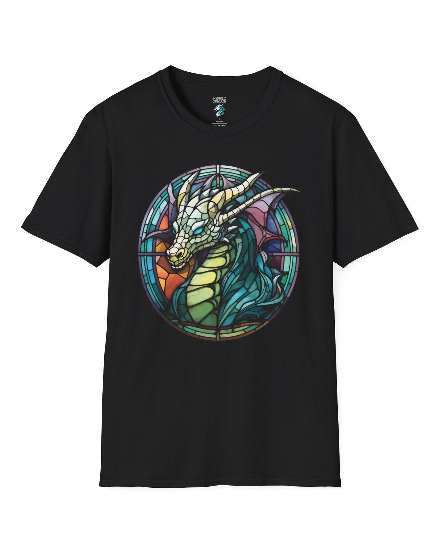 Scaled Luminance shirt in black featuring a dragon in a stained-glass style with turquoise and violet tones.