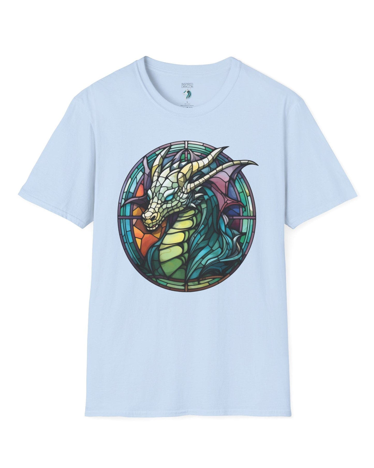 Scaled Luminance shirt in light blue featuring a dragon in a stained-glass style with turquoise and violet tones.