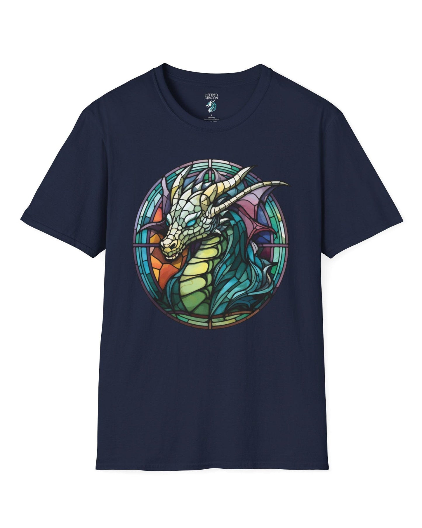 Scaled Luminance shirt in navy featuring a dragon in a stained-glass style with turquoise and violet tones.