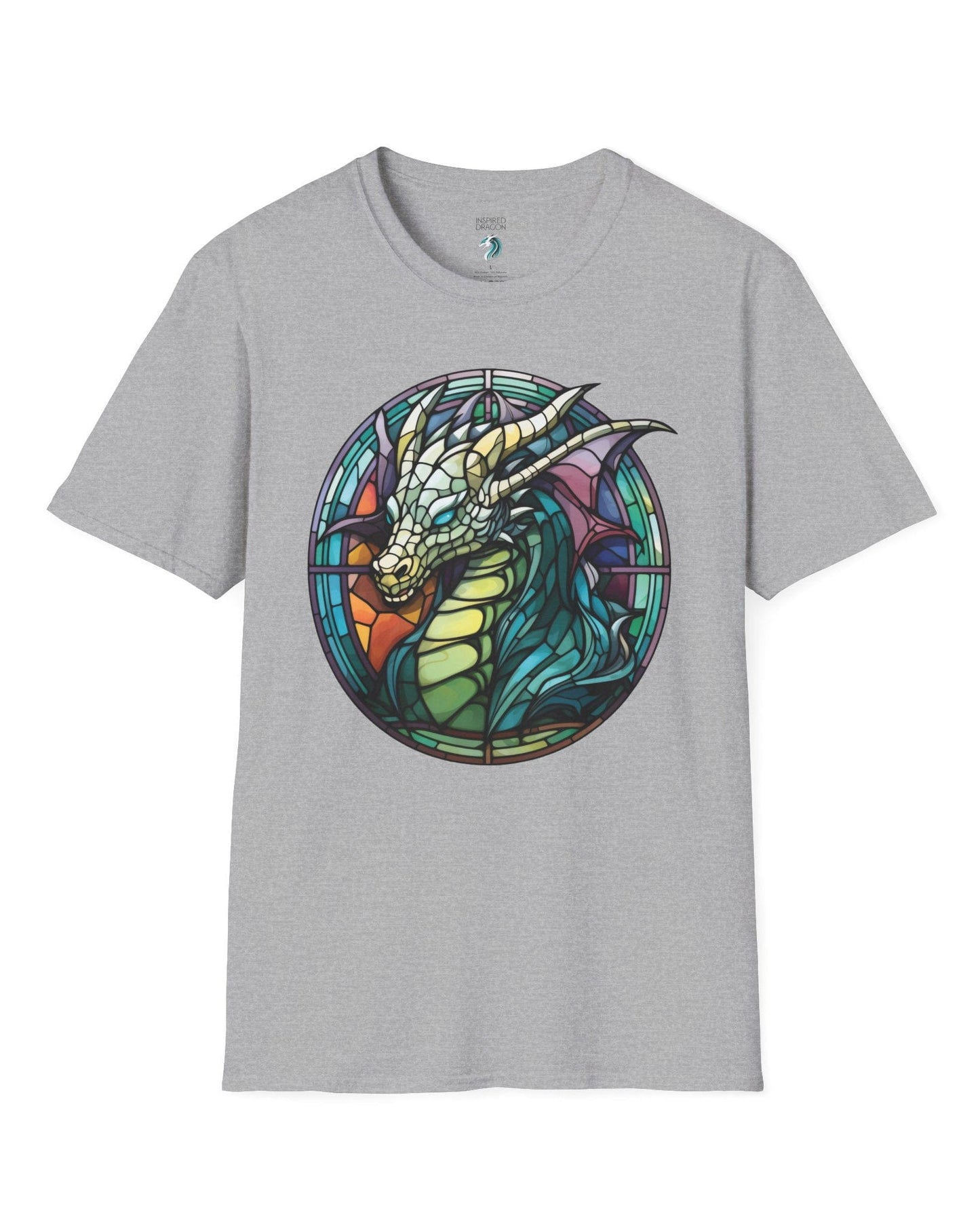 Scaled Luminance shirt in sport grey featuring a dragon in a stained-glass style with turquoise and violet tones.