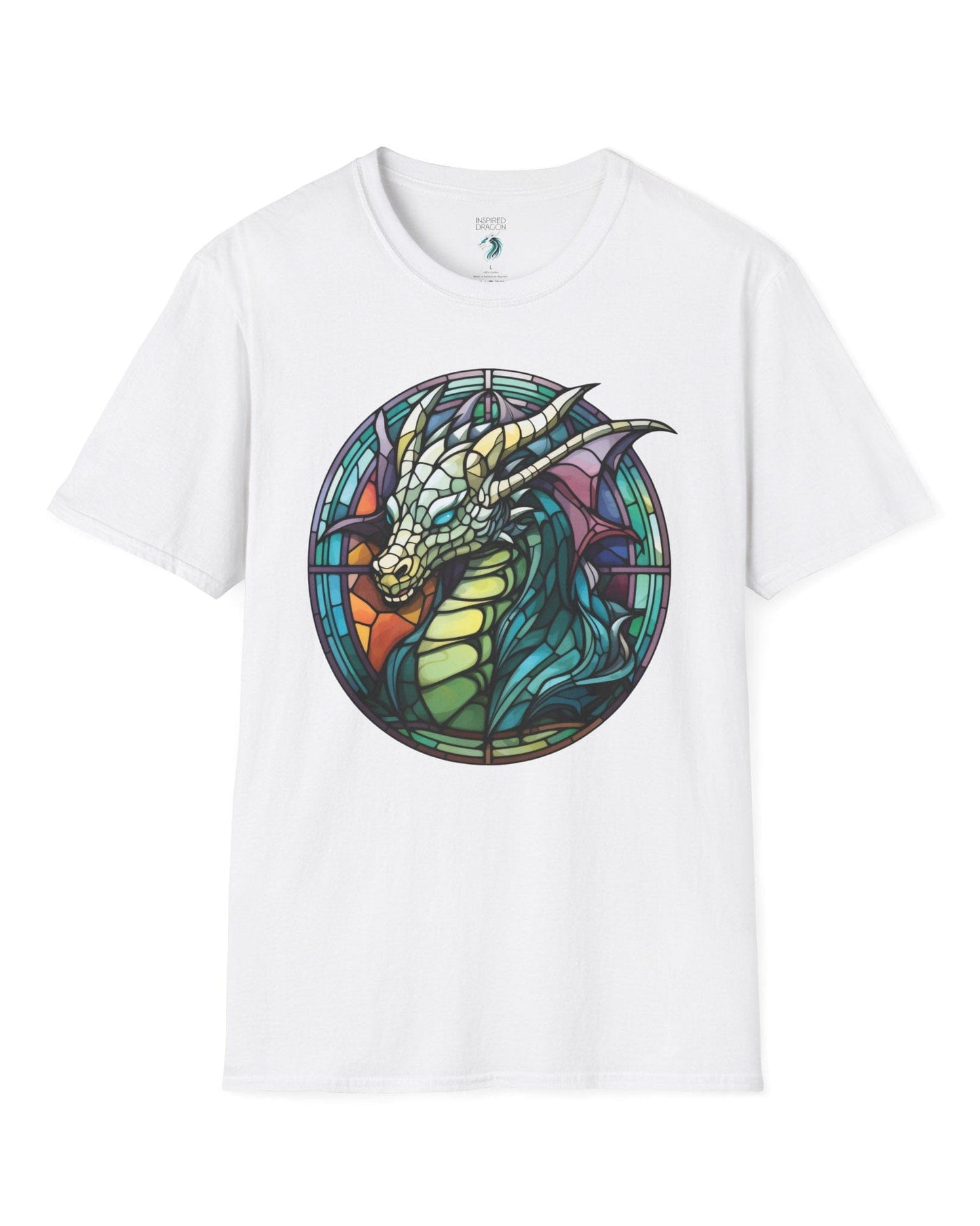 Scaled Luminance shirt in white featuring a dragon in a stained-glass style with turquoise and violet tones.