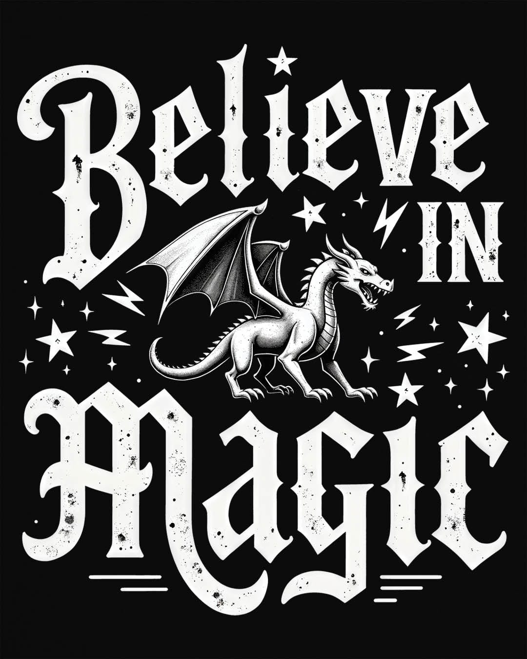 Believe in Magic shirt in black, featuring bold text and a dragon surrounded by stars and lightning bolts.