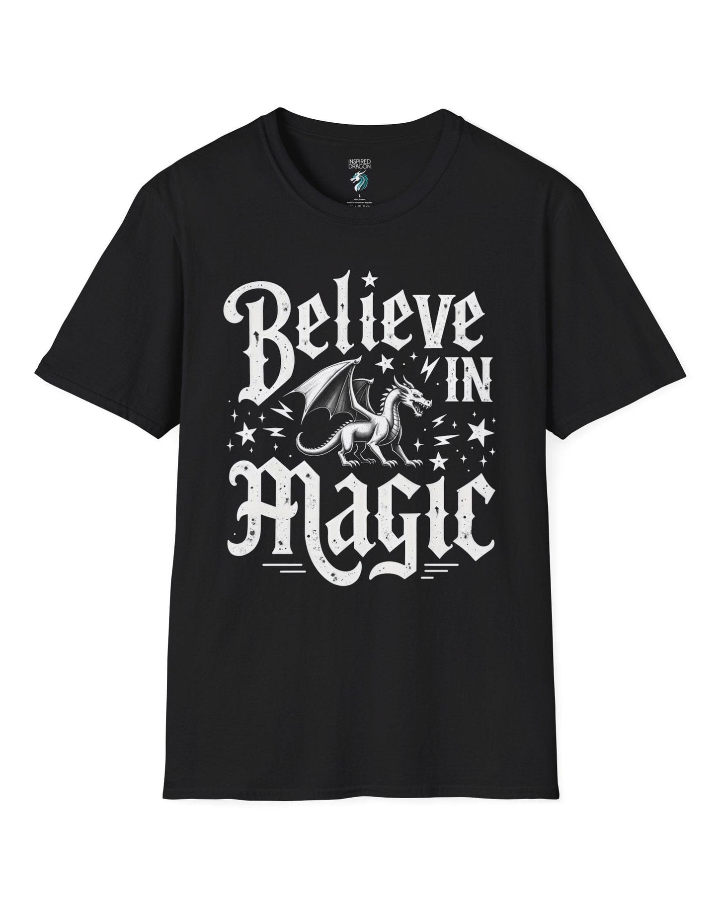 Believe in Magic shirt in black, featuring bold text and a dragon surrounded by stars and lightning bolts.
