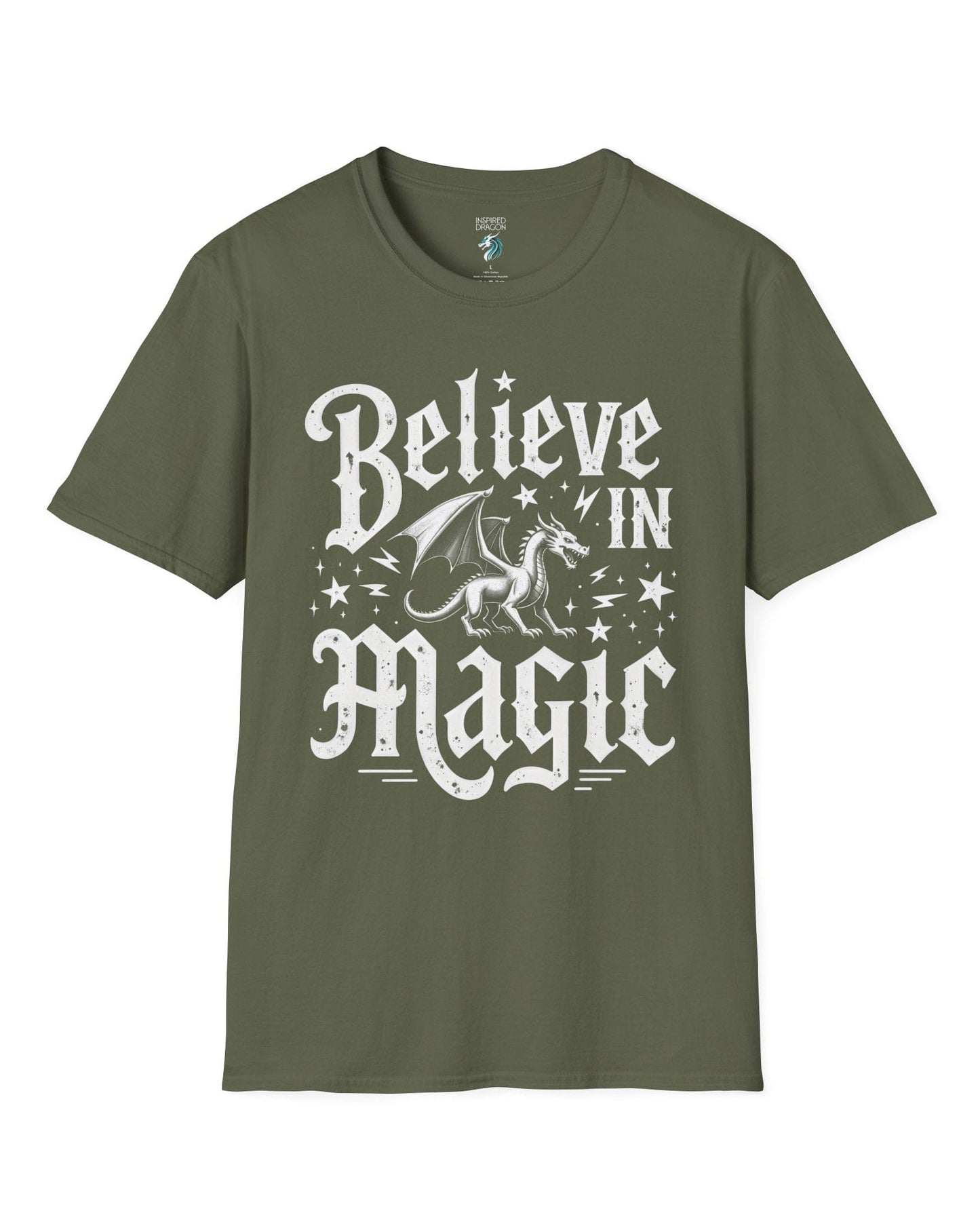 Believe in Magic shirt in military green, featuring bold text and a dragon surrounded by stars and lightning bolts.