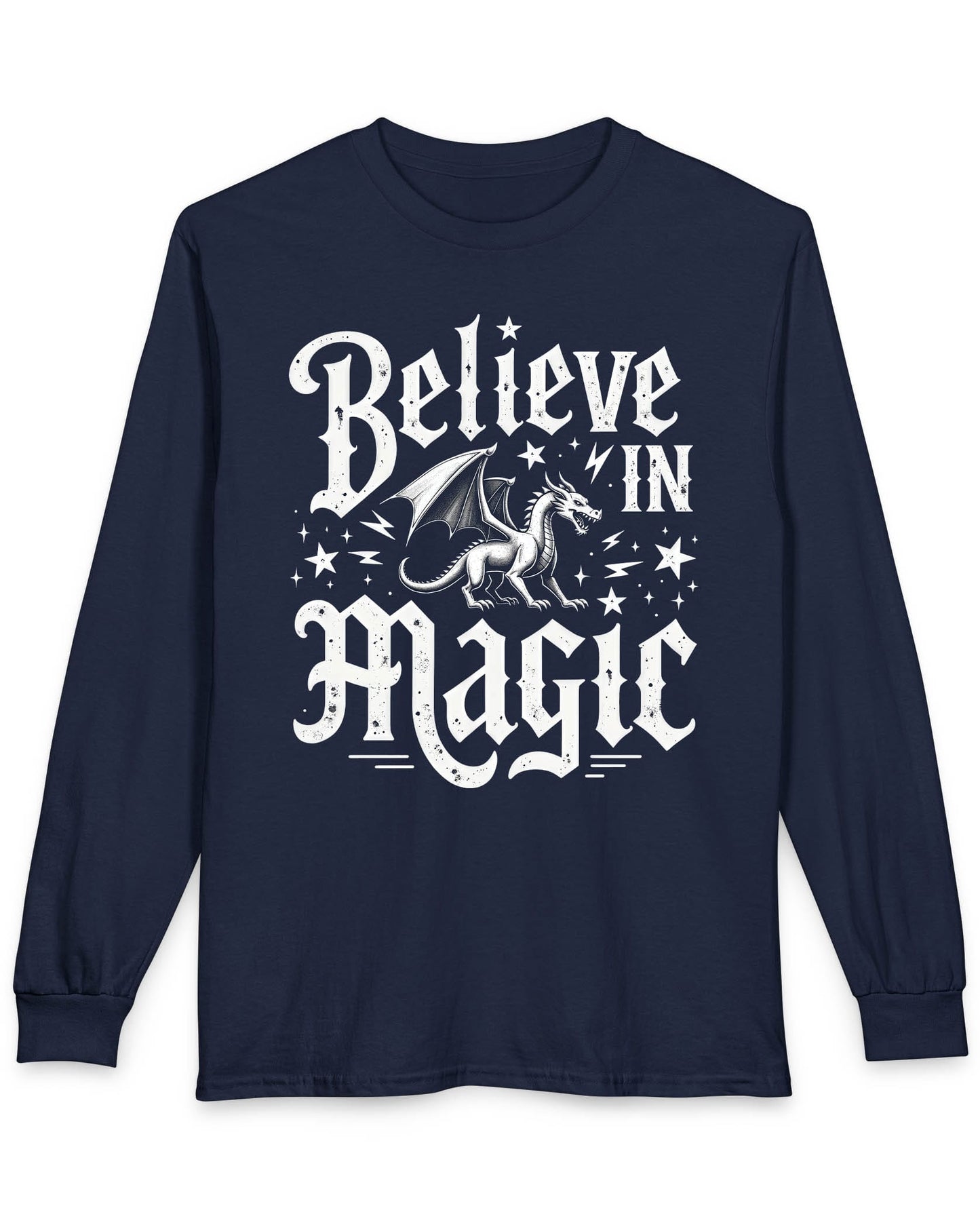 Believe in Magic shirt in navy featuring bold text and a dragon surrounded by stars and lightning bolts