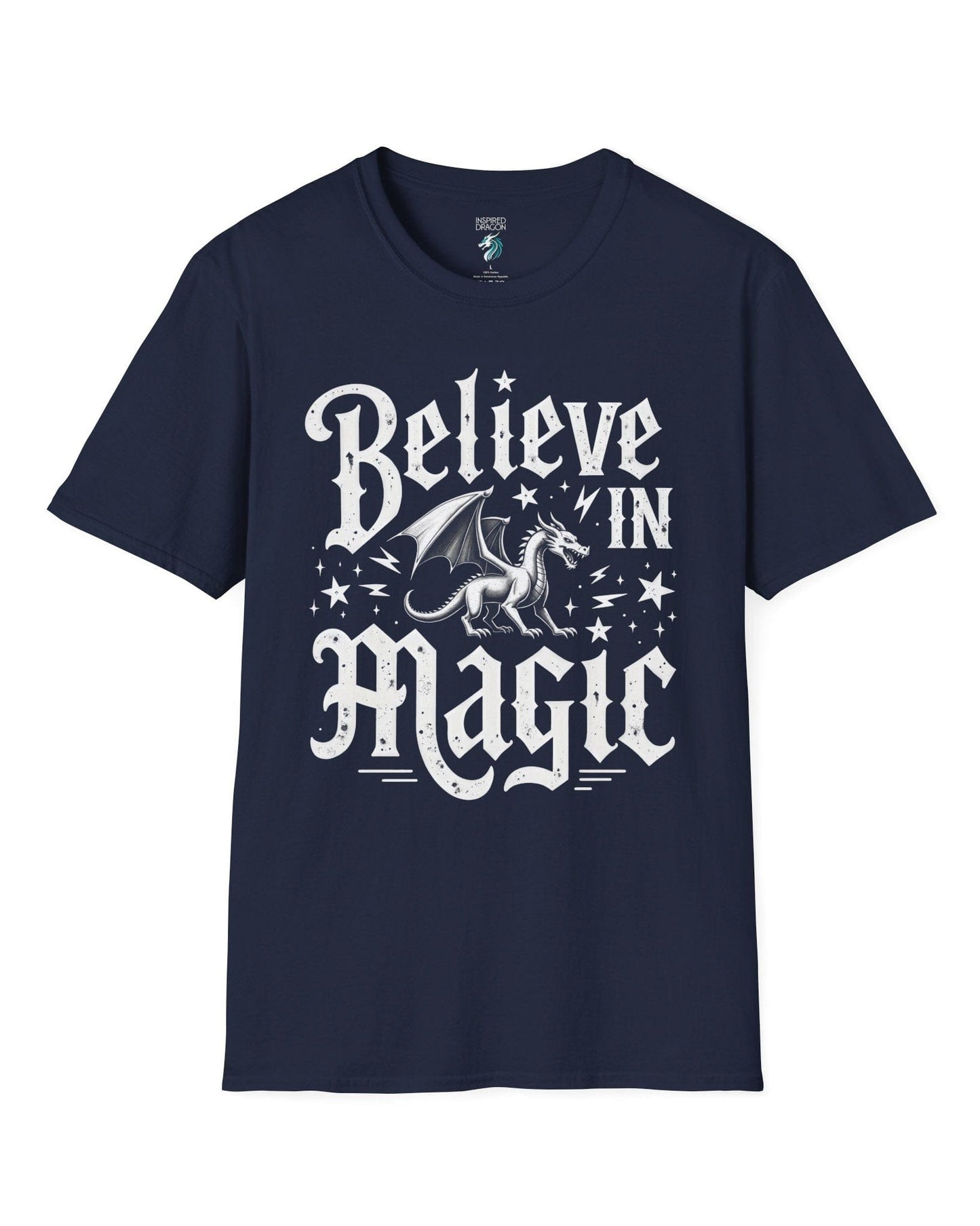 Believe in Magic shirt in navy, featuring bold text and a dragon surrounded by stars and lightning bolts.
