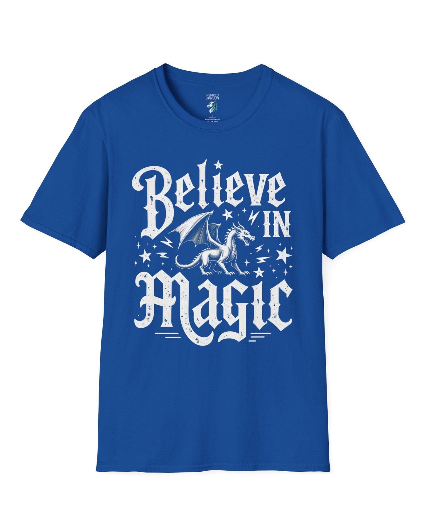 Believe in Magic shirt in royal blue, featuring bold text and a dragon surrounded by stars and lightning bolts.