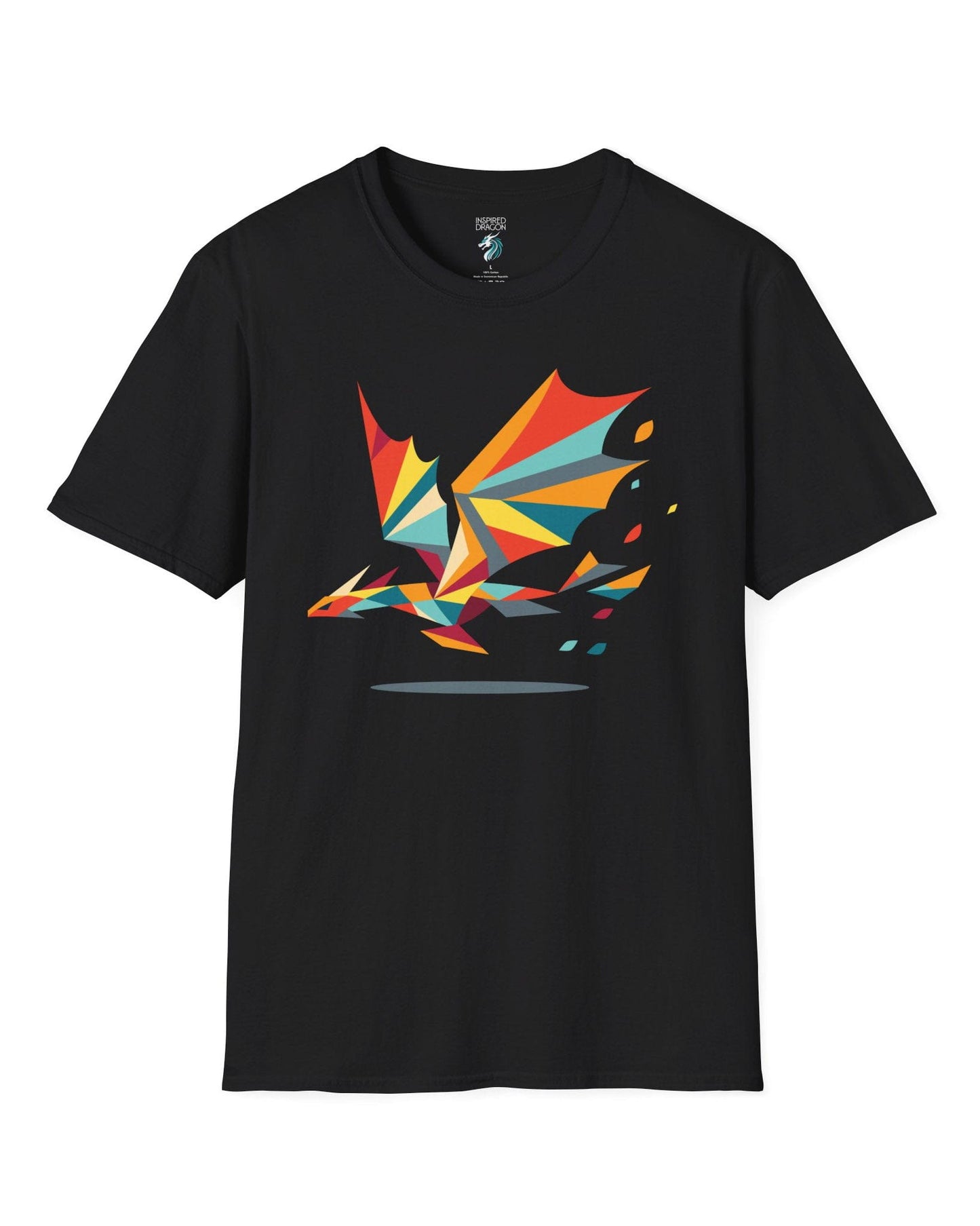 Geometry of Flight shirt in black featuring a colorful low-poly dragon flying with fragmented shapes trailing behind.