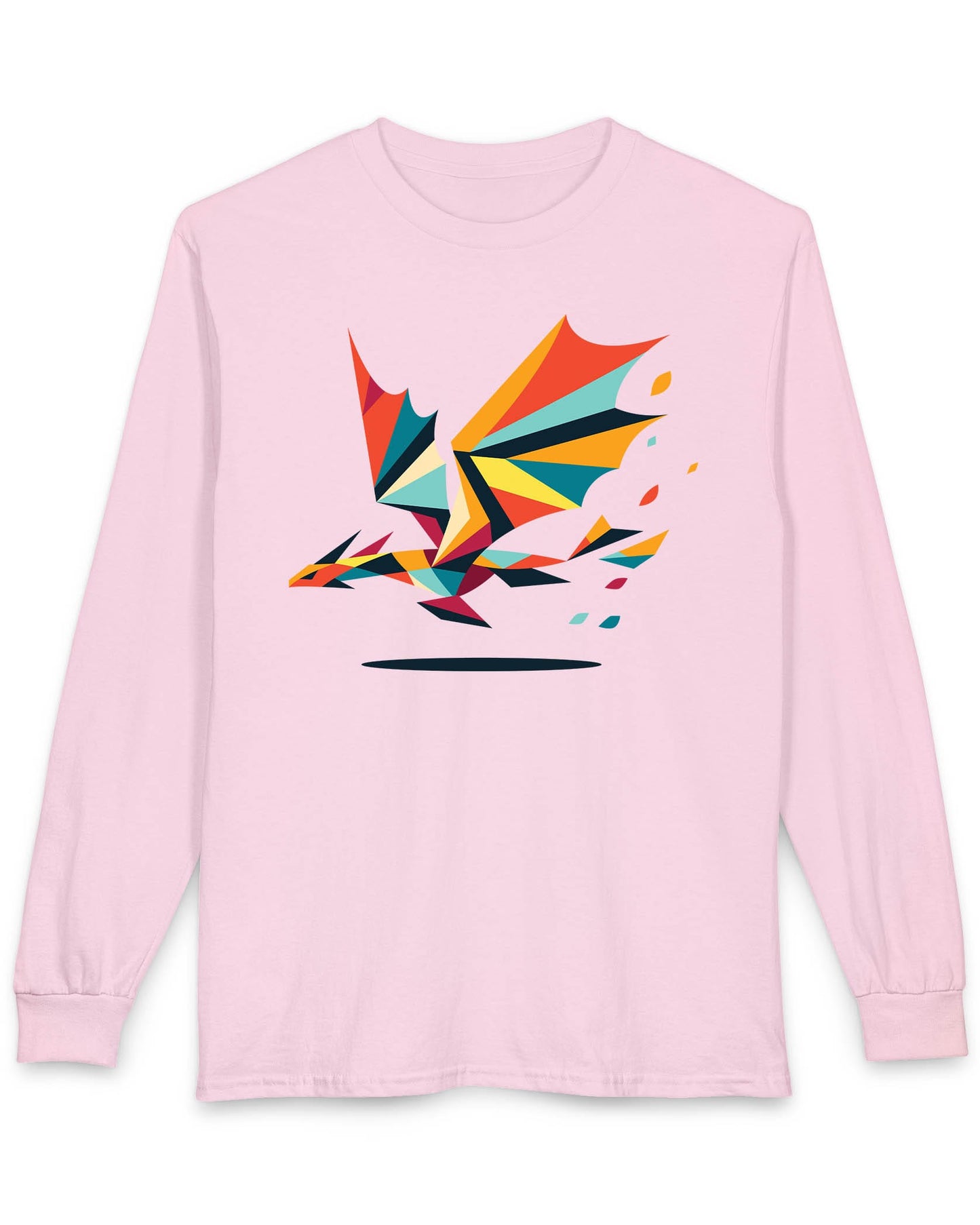Geometry of Flight shirt in light pink featuring a colorful low-poly dragon flying with fragmented shapes trailing behind