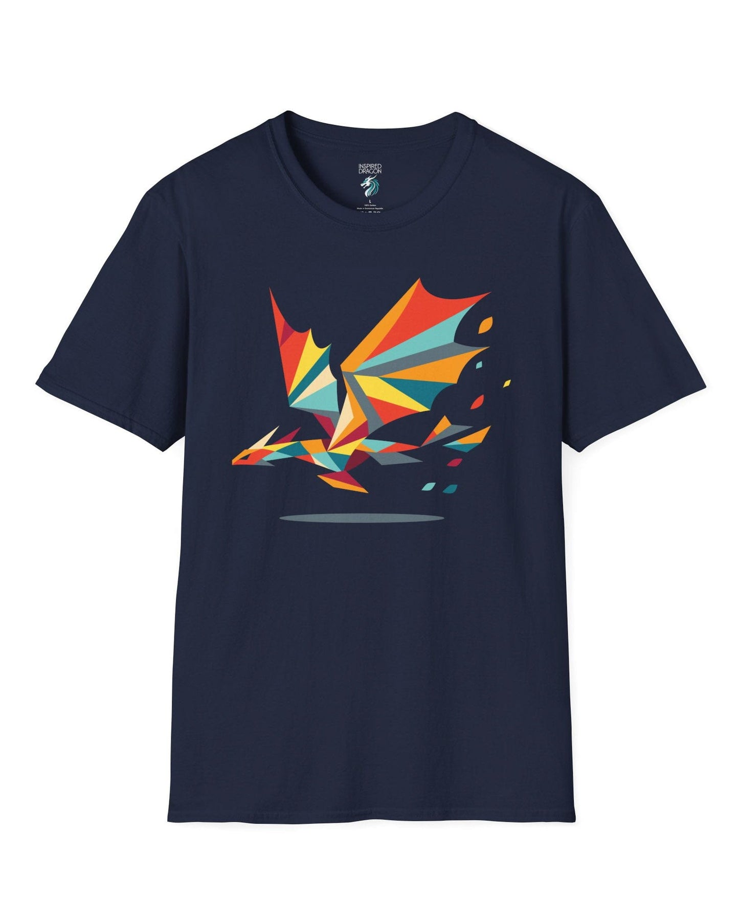 Geometry of Flight shirt in navy featuring a colorful low-poly dragon flying with fragmented shapes trailing behind.