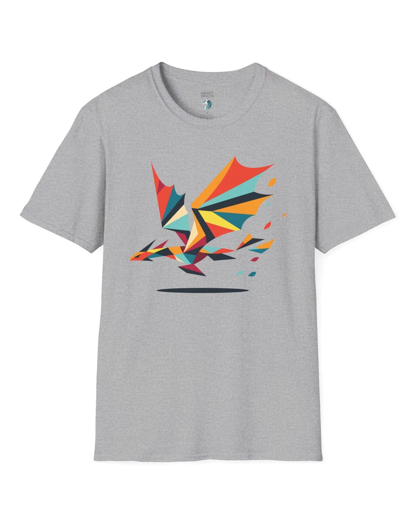 Geometry of Flight shirt in sport grey featuring a colorful low-poly dragon flying with fragmented shapes trailing behind.