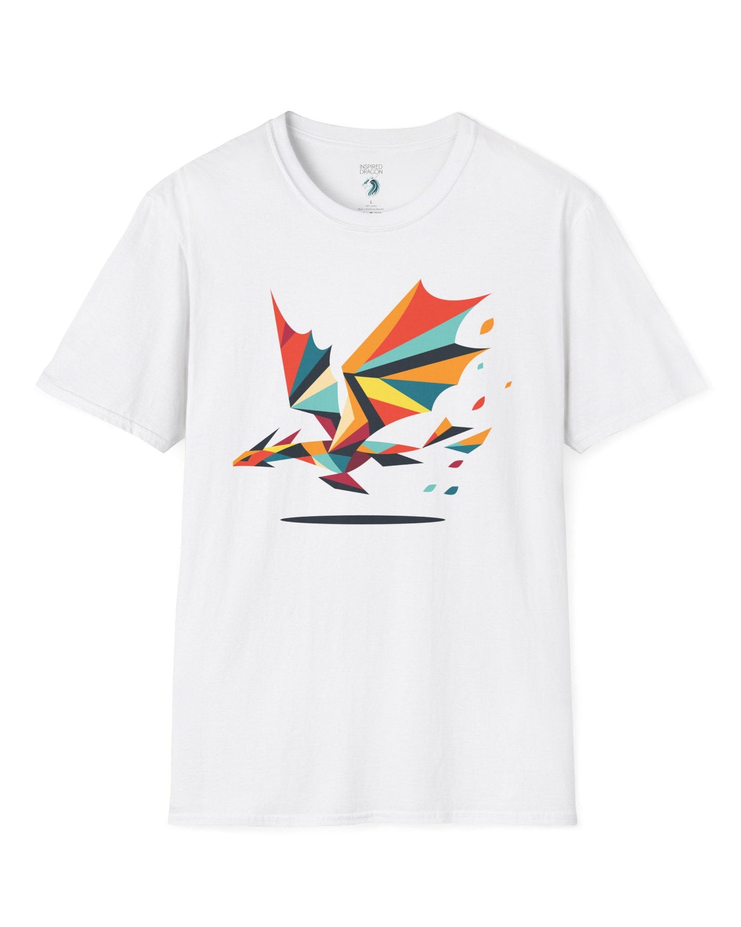 Geometry of Flight shirt in white featuring a colorful low-poly dragon flying with fragmented shapes trailing behind.