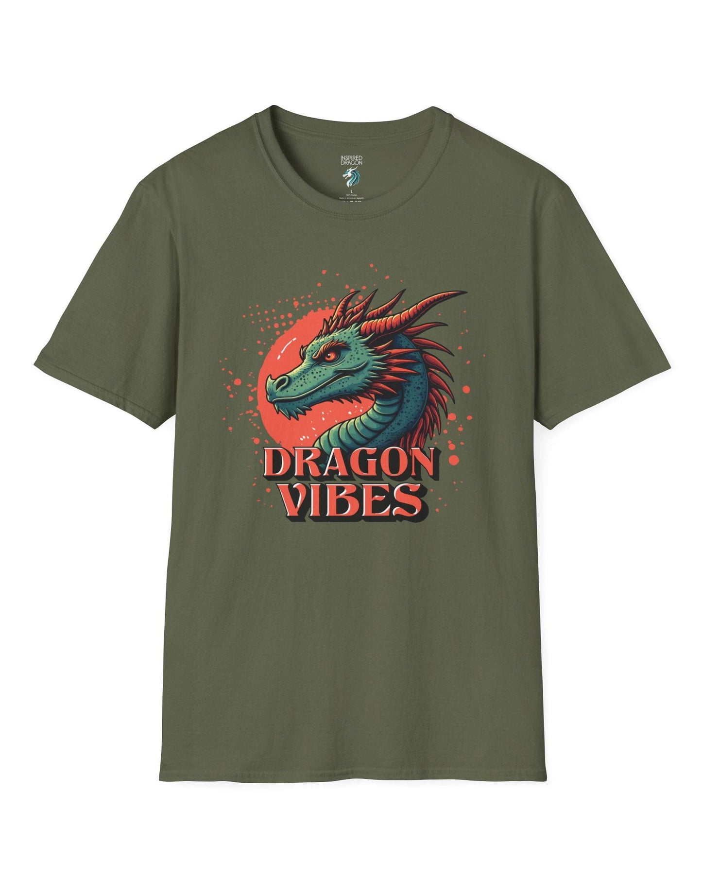 Dragon Vibes shirt in military green featuring a teal and red dragon head with fiery energy and a splatter background.