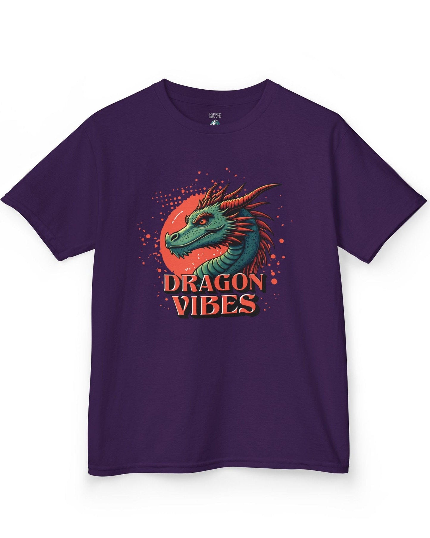 Dragon Vibes shirt in purple featuring a teal and red dragon head with fiery energy and a splatter background.