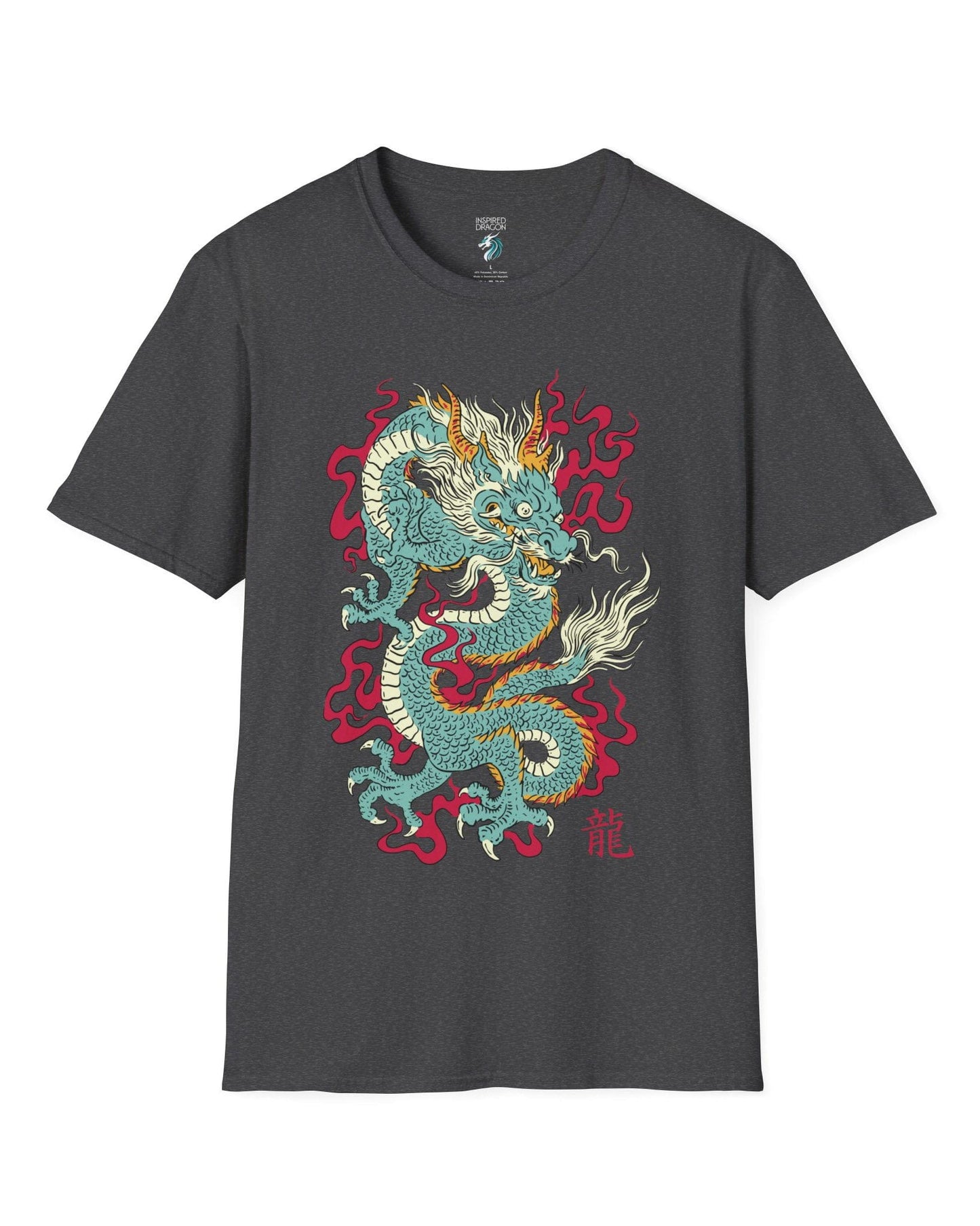 Wrath of the Immortal shirt in dark heather grey featuring a fierce Eastern dragon with flowing mane and red smoke accents.