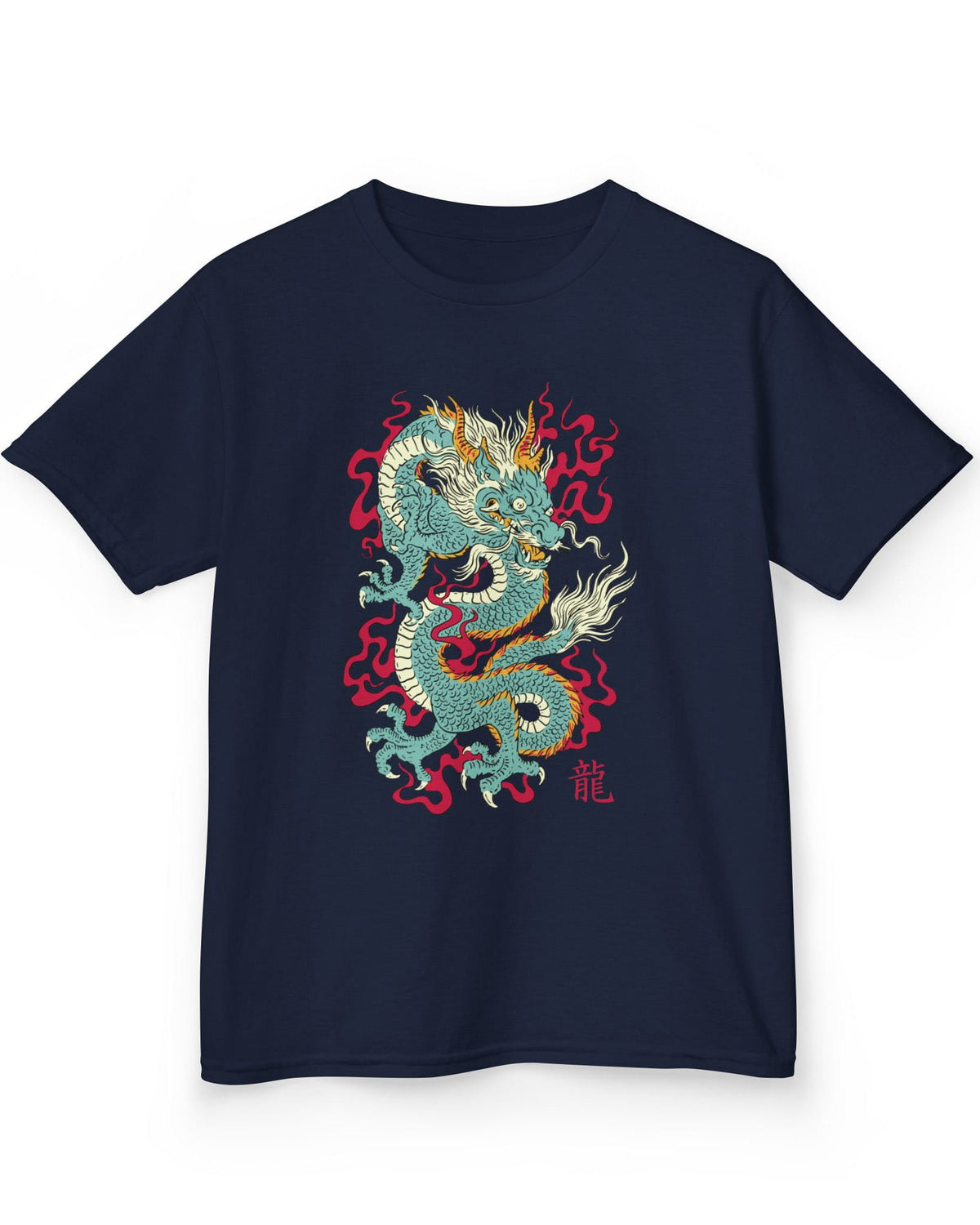 Wrath of the Immortal shirt in navy featuring a fierce Eastern dragon with flowing mane and red smoke accents