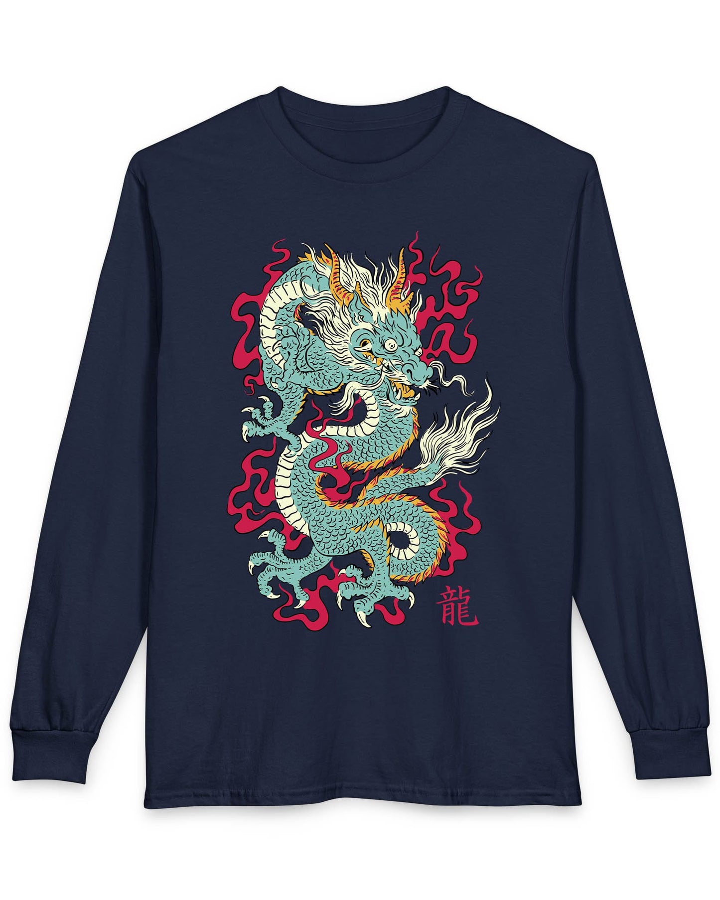 Wrath of the Immortal shirt in navy featuring a fierce Eastern dragon with flowing mane and red smoke accents