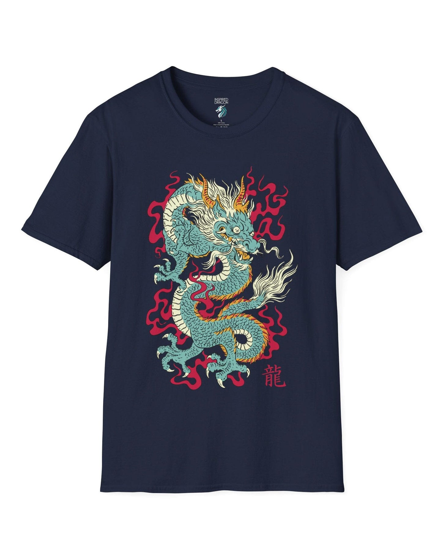 Wrath of the Immortal shirt in navy featuring a fierce Eastern dragon with flowing mane and red smoke accents.