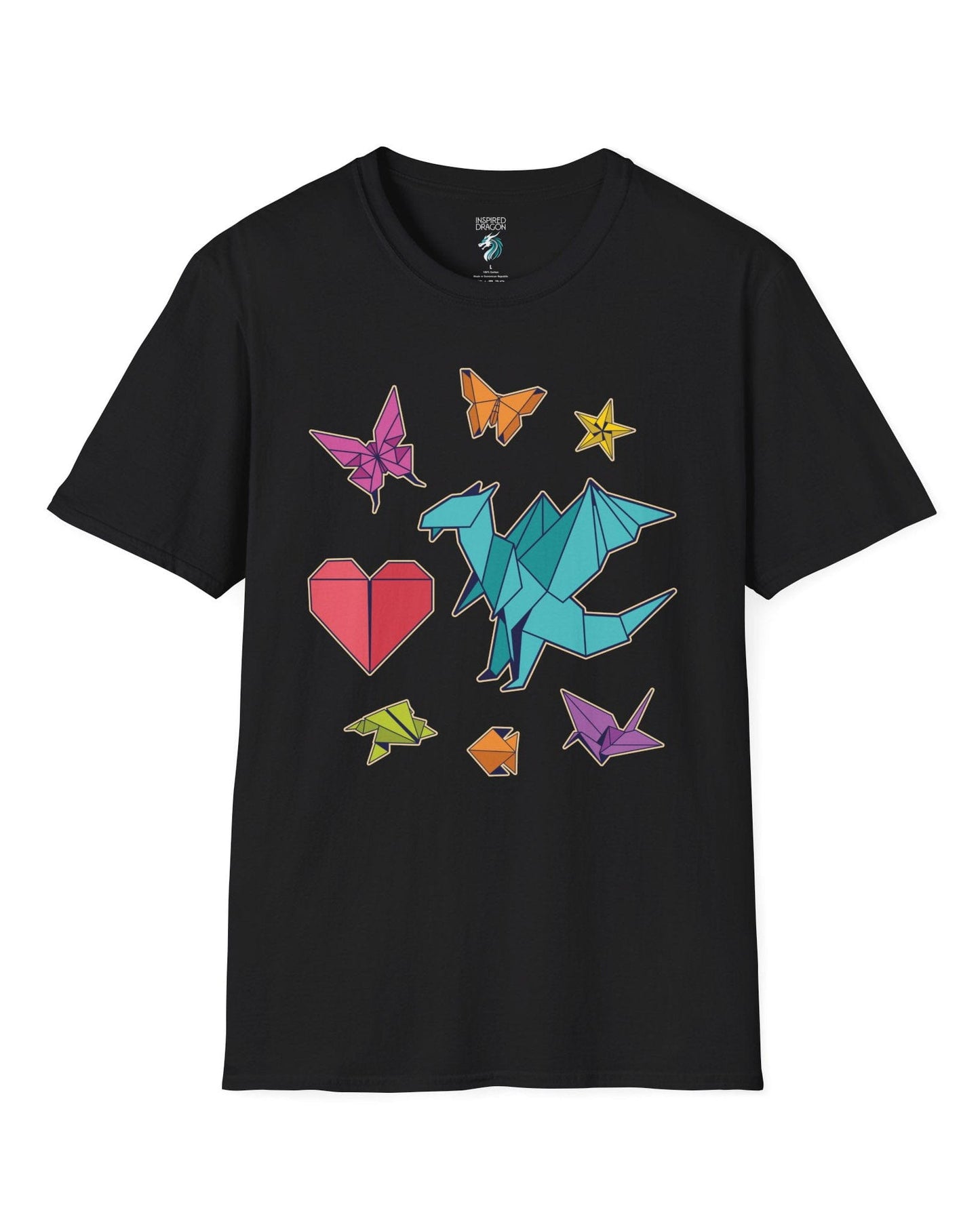 Between the Folds shirt in black, featuring colorful origami animals, a heart, and a dragon.