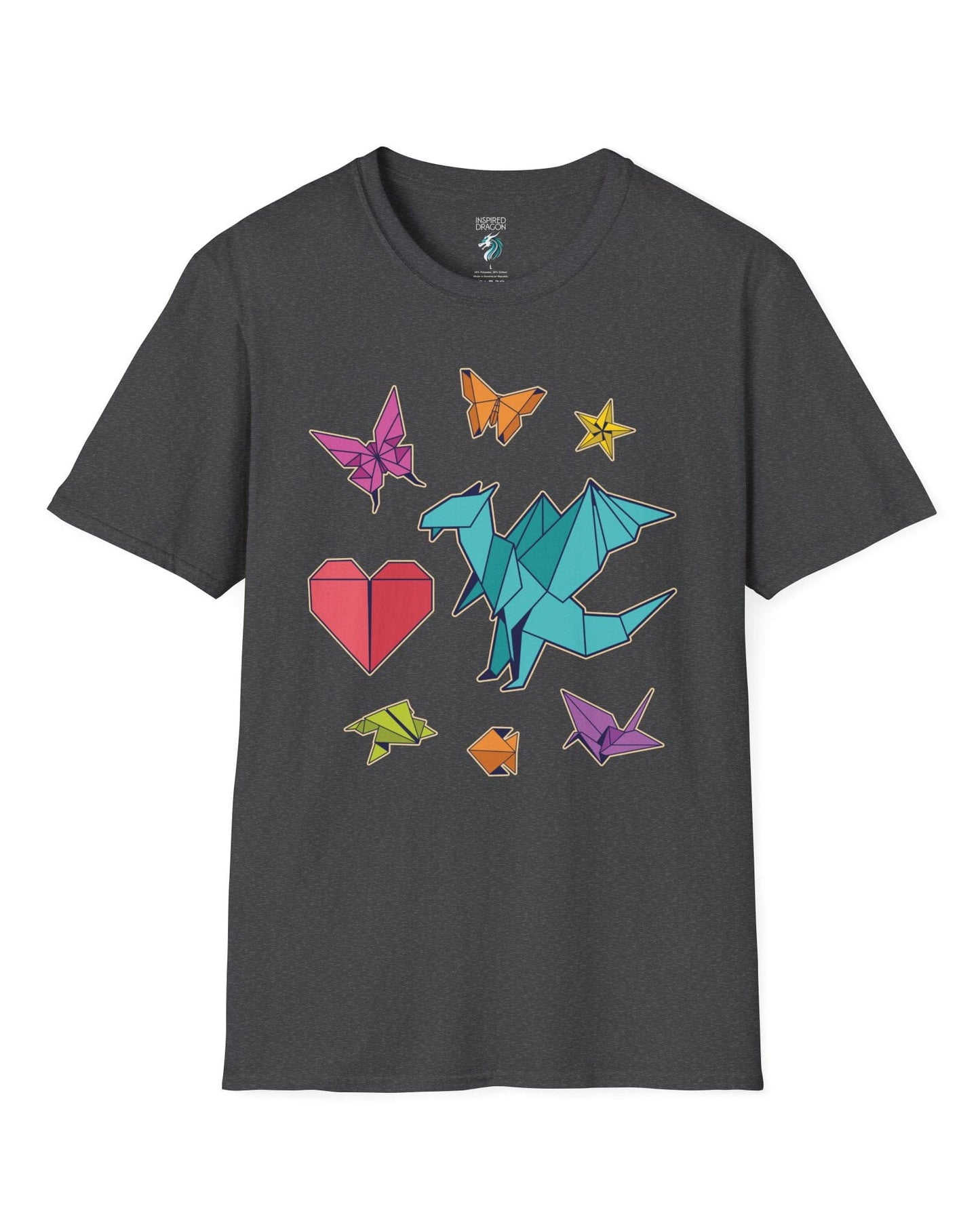 Between the Folds shirt in dark heather grey, featuring colorful origami animals, a heart, and a dragon.