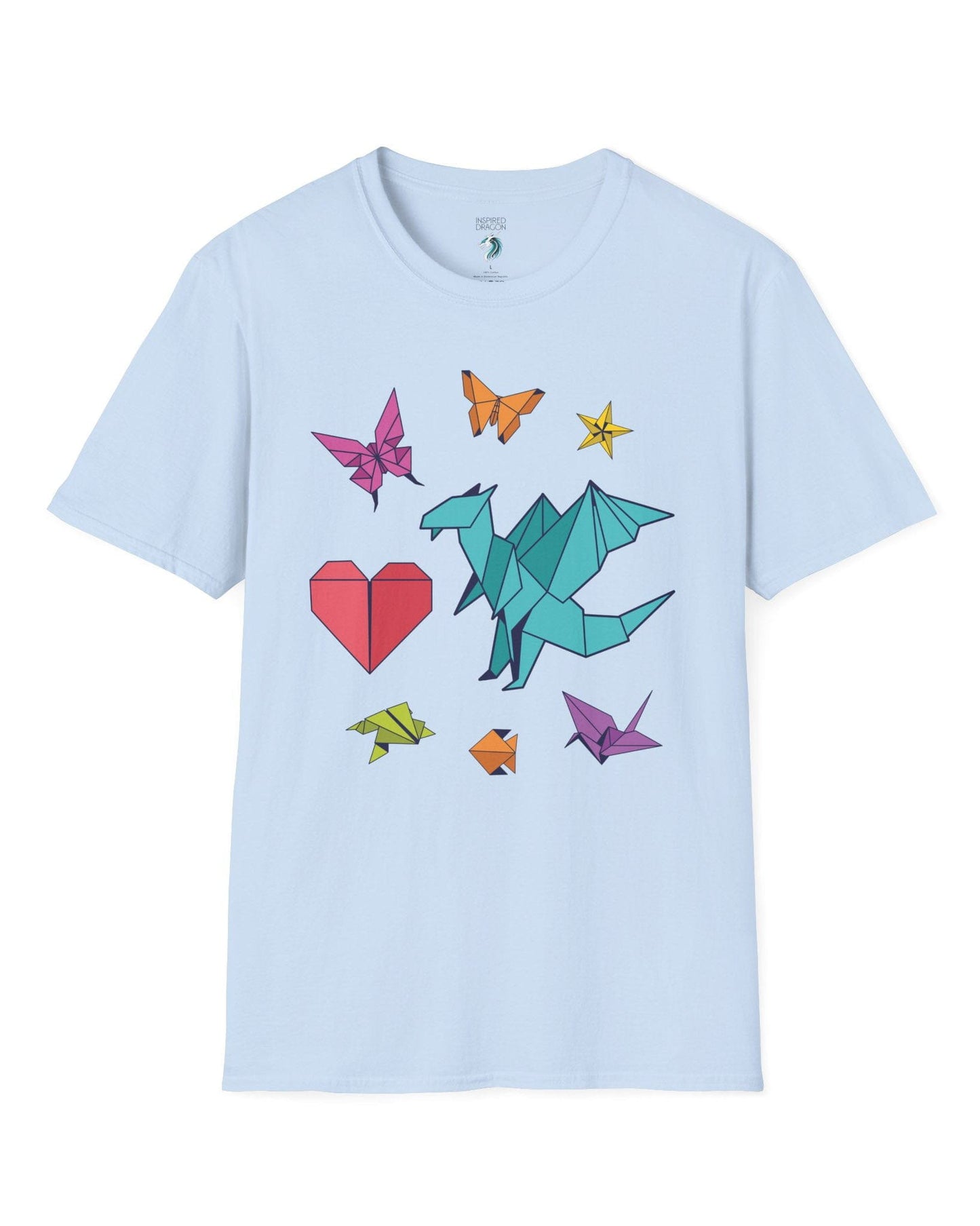 Between the Folds shirt in light blue, featuring colorful origami animals, a heart, and a dragon.